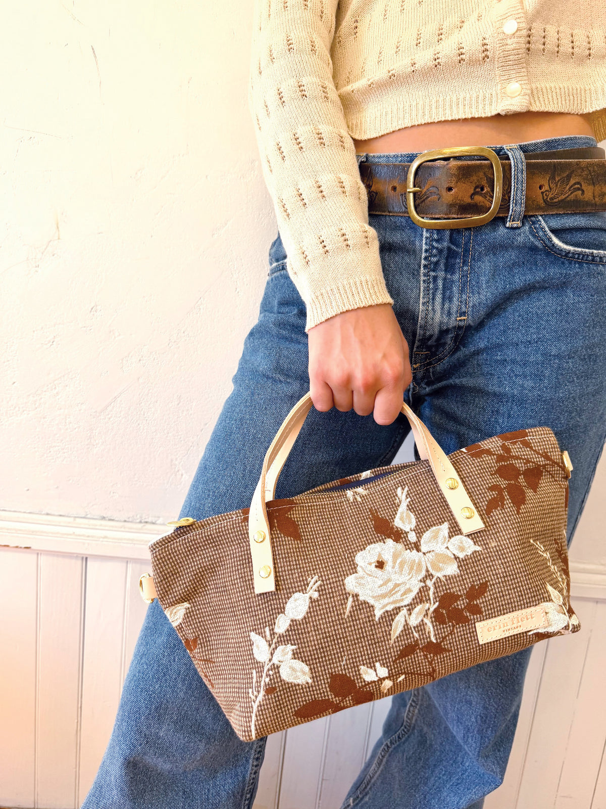 SALE Vintage Small Satchel - Leather Handle - Brown Floral