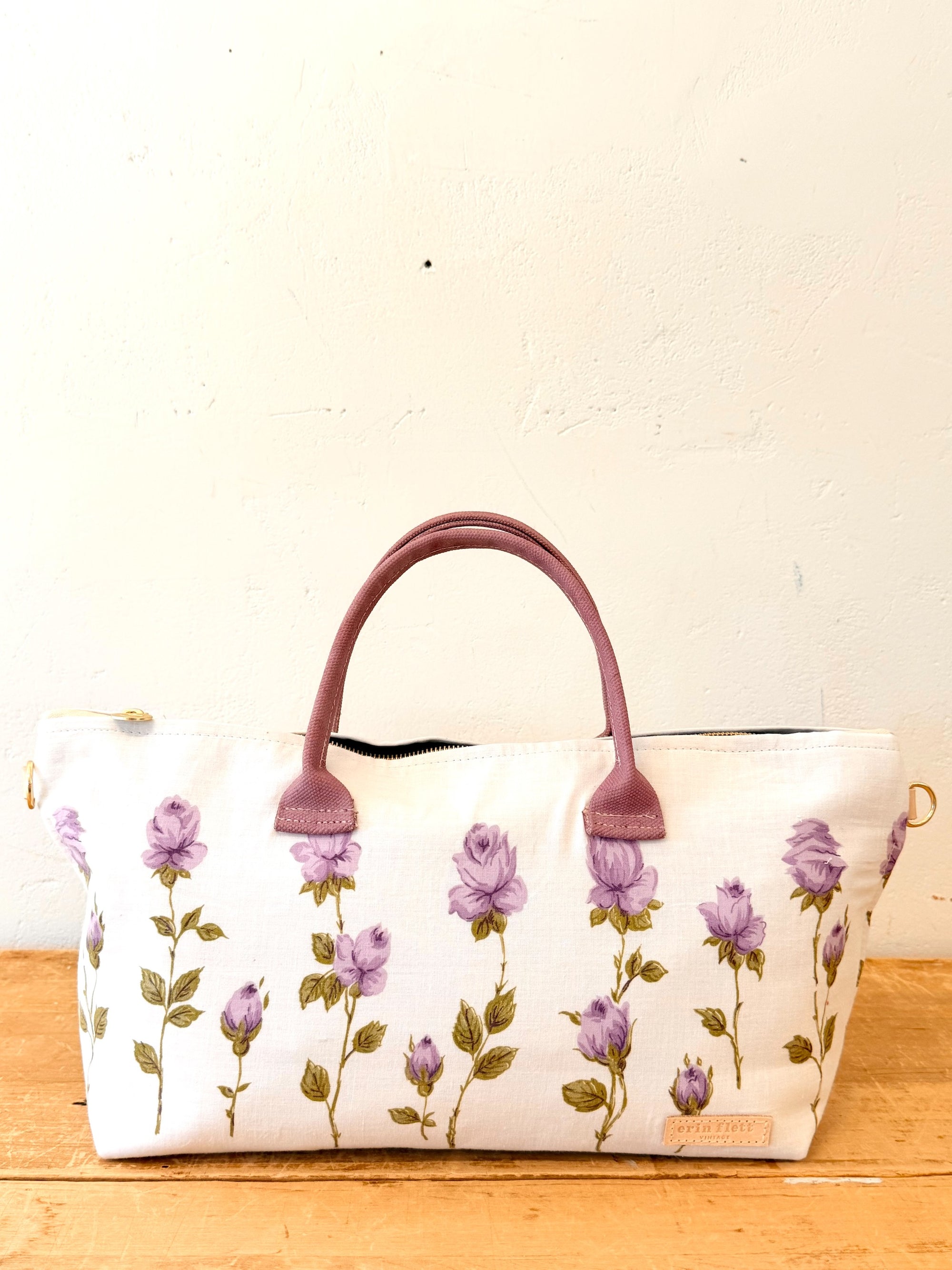 Large Vintage Purple Cotton Rose Satchel - WITH Erin Flett print inside