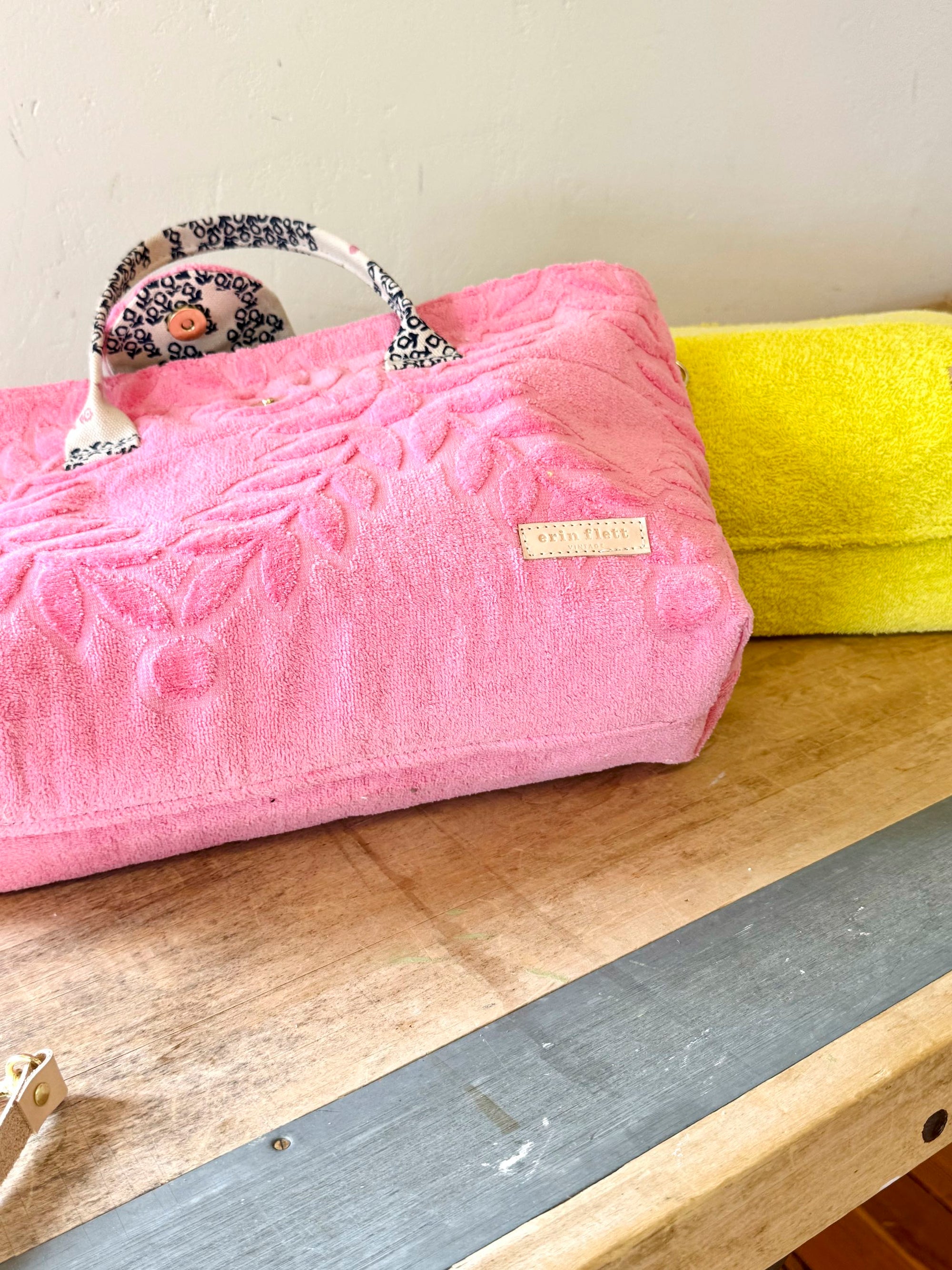 Large Vintage Pink Terry Cloth Satchel - WITH Erin Flett print inside