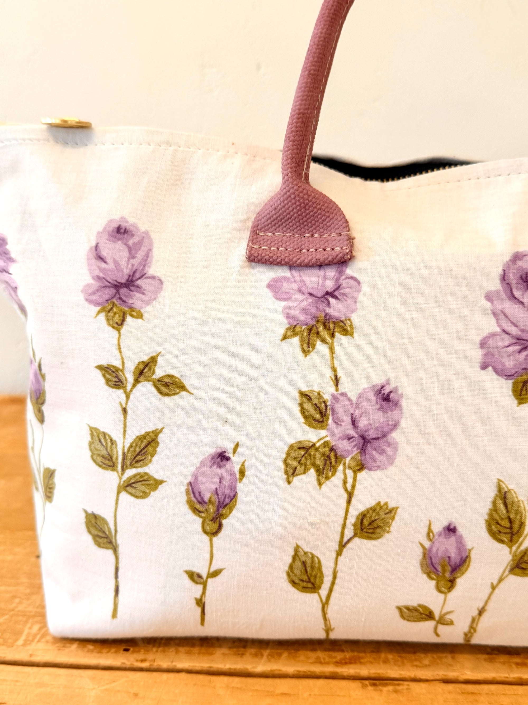 Large Vintage Purple Cotton Rose Satchel - WITH Erin Flett print inside