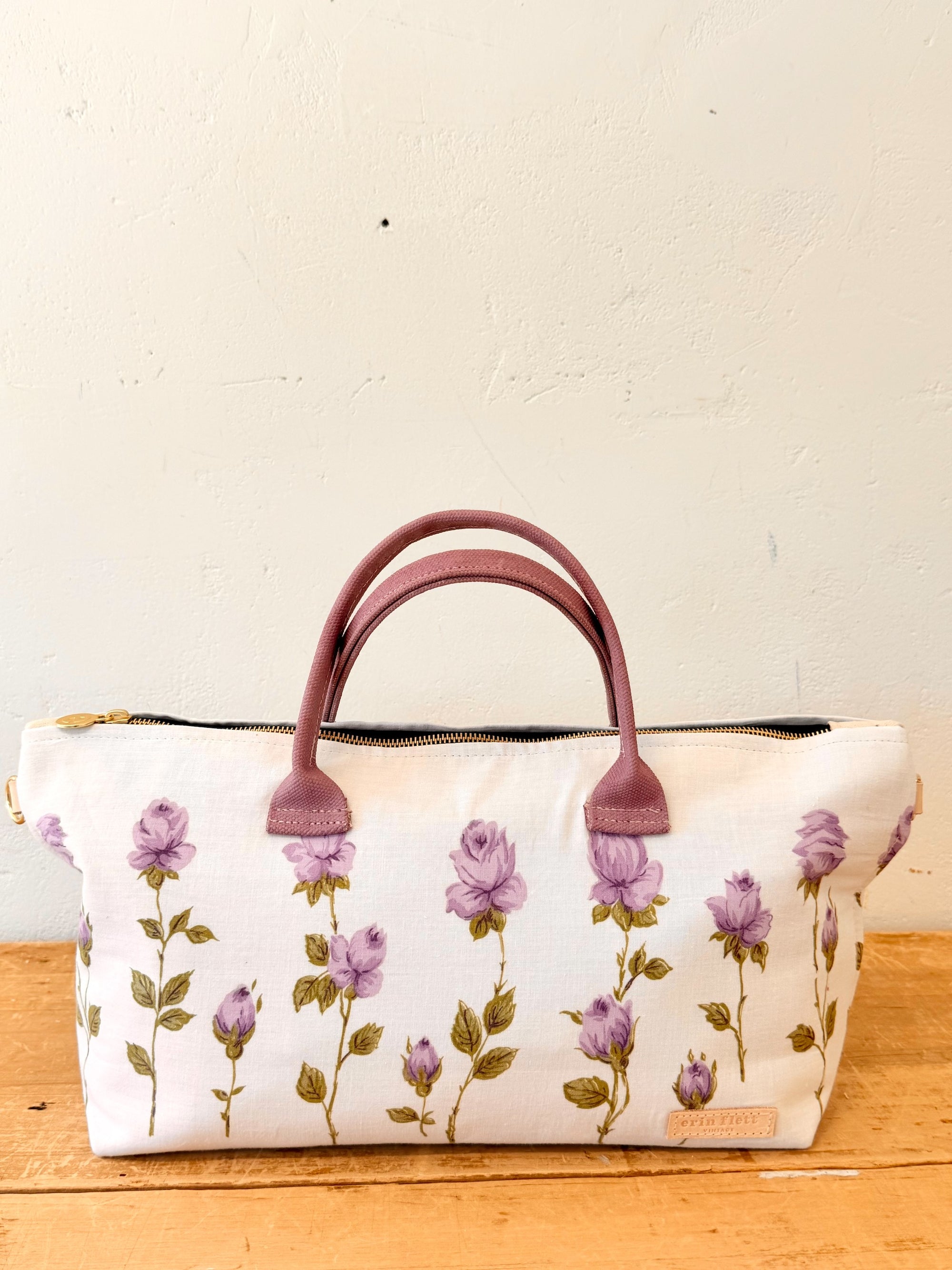 Large Vintage Purple Cotton Rose Satchel - WITH Erin Flett print inside
