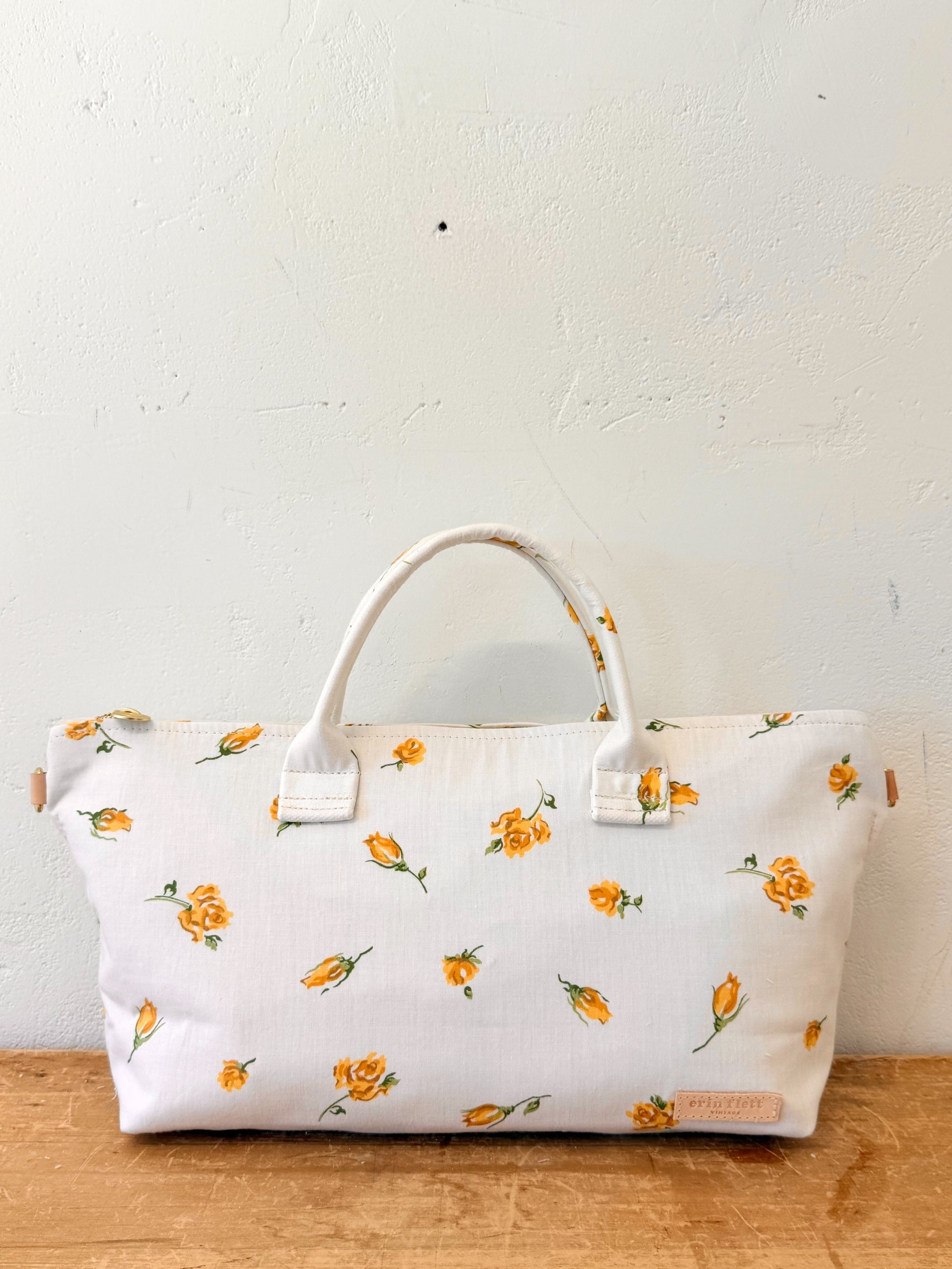 Large Vintage Yellow Cotton Rose Satchel - WITH Erin Flett print inside