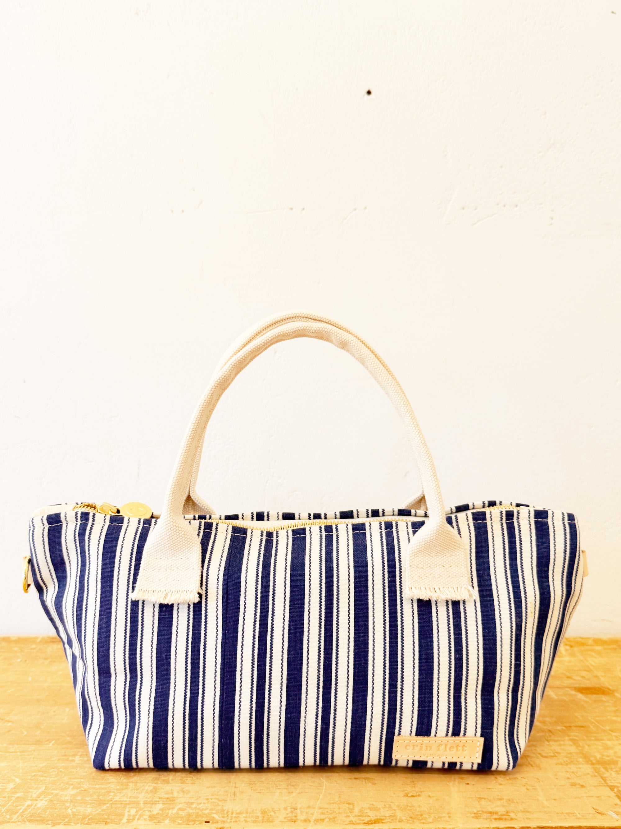 Amazing Small Vintage Navy Ticking Satchel - WITH Erin Flett print inside