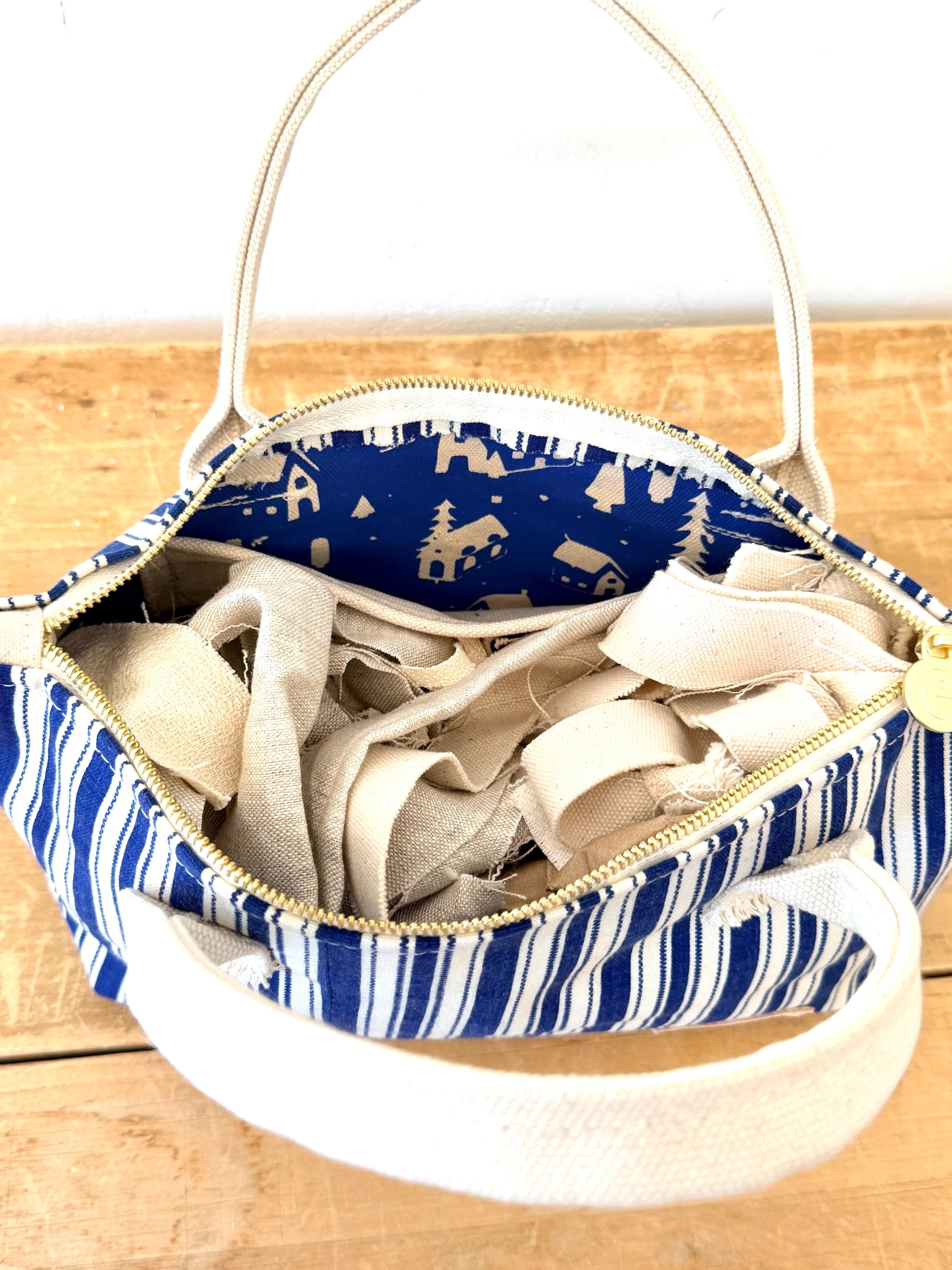 Amazing Large Vintage Navy Ticking Satchel - WITH Erin Flett print inside