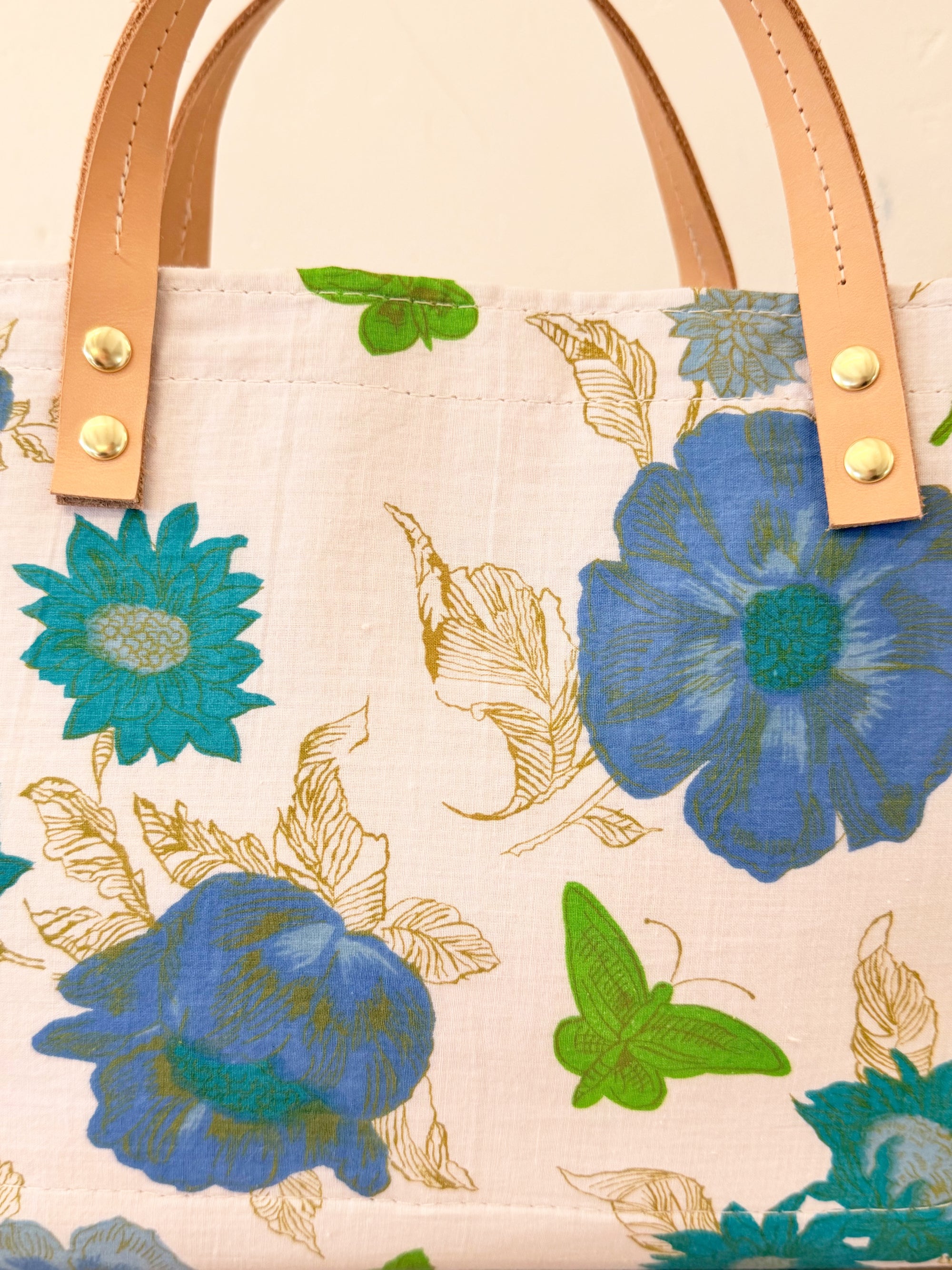 Large Vintage Blue Green Floral Satchel - No Zip WITH Erin Flett print inside