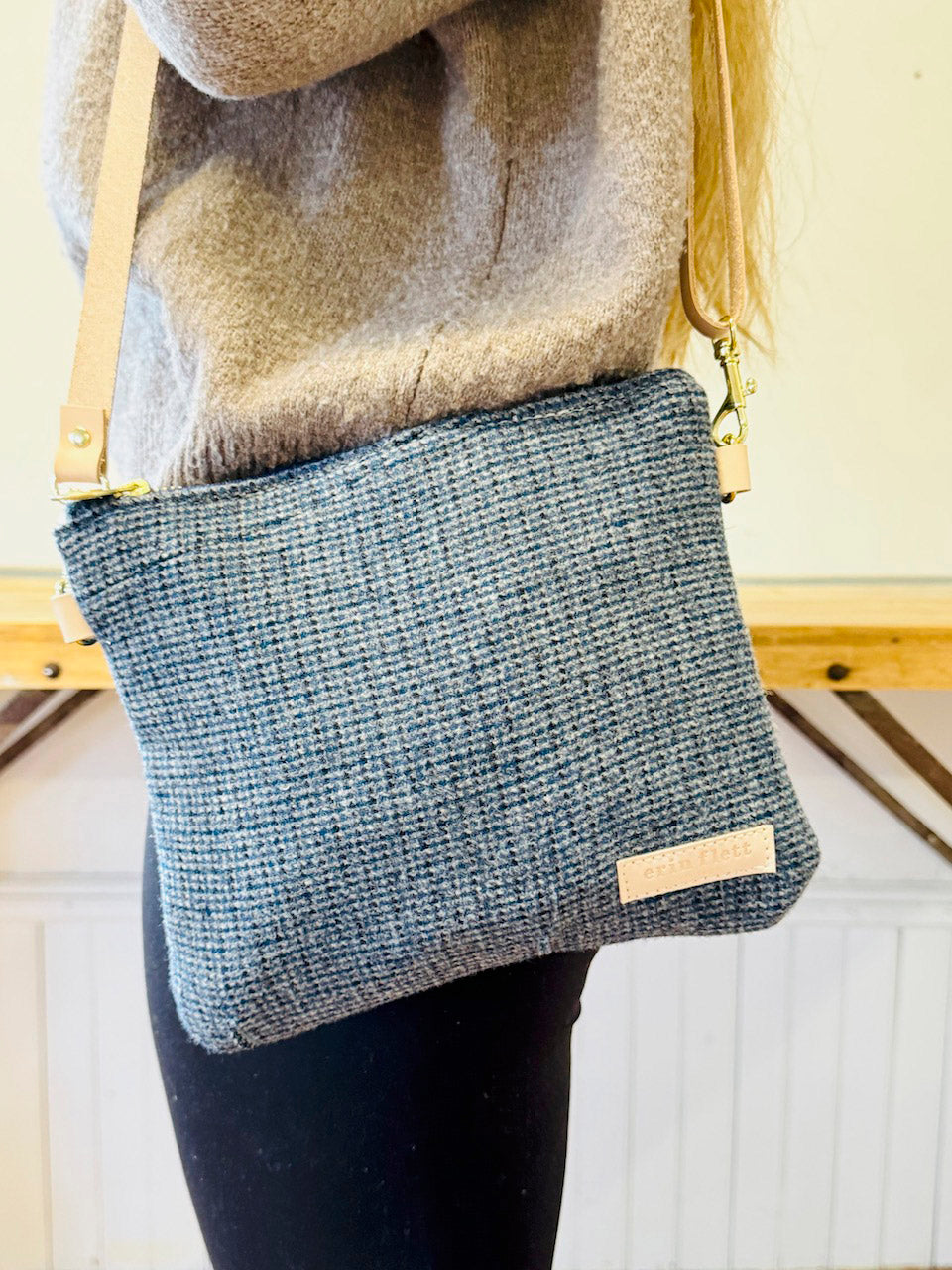 Vintage Wool Cross Body (NEW SHAPE) - Blue Tweed WITH LEATHER STRAP