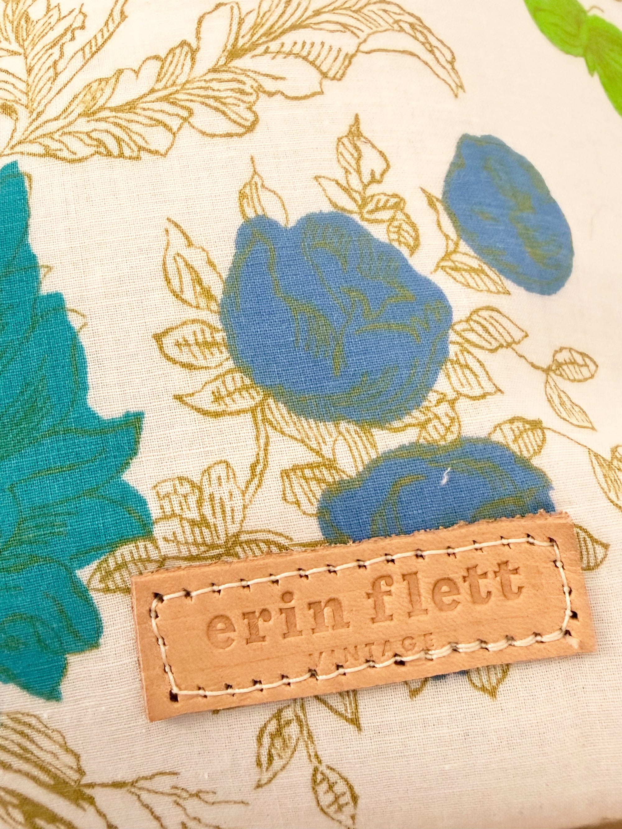 Large Vintage Blue Green Floral Satchel - No Zip WITH Erin Flett print inside