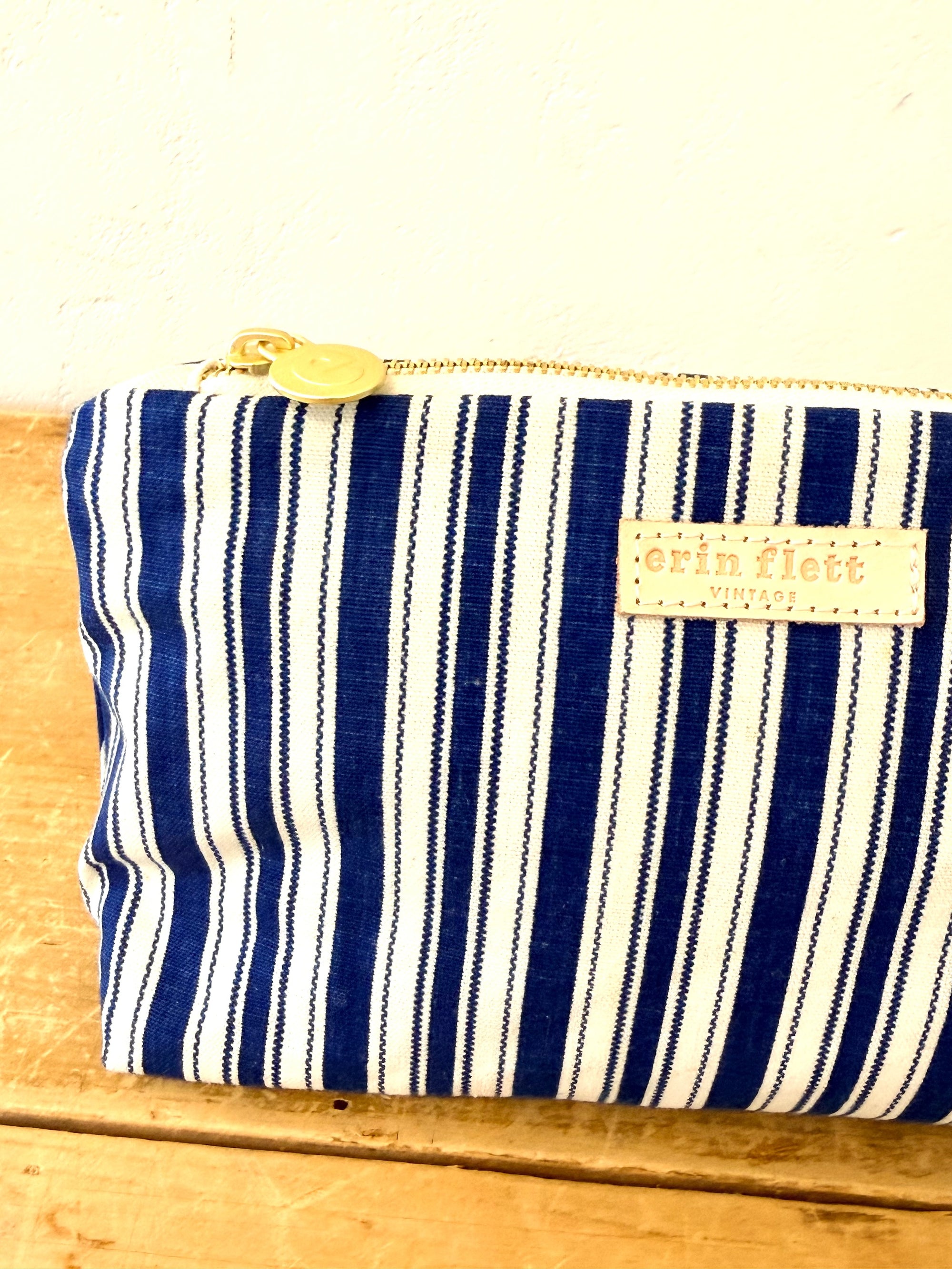 Vintage Navy Ticking Laura Pouch + Erin Flett inside