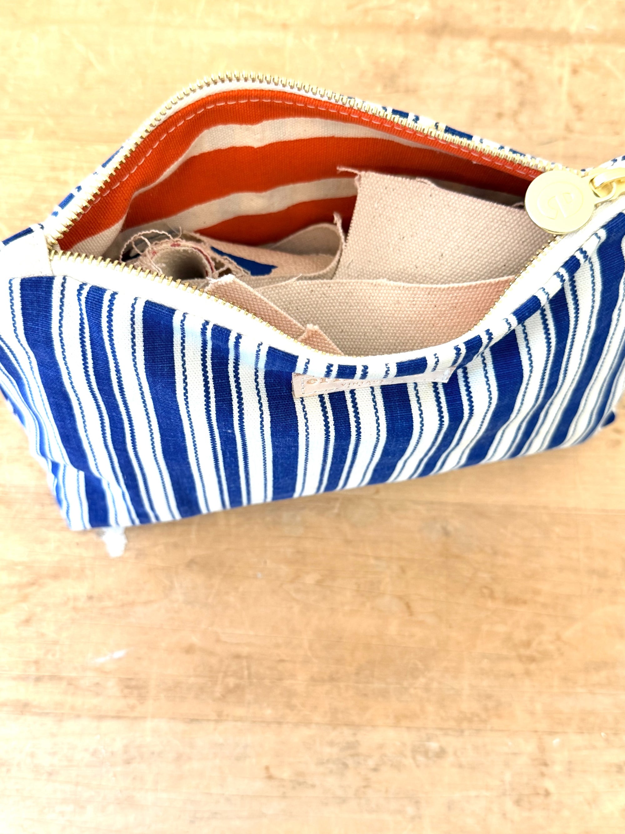 Vintage Navy Ticking Laura Pouch + Erin Flett inside