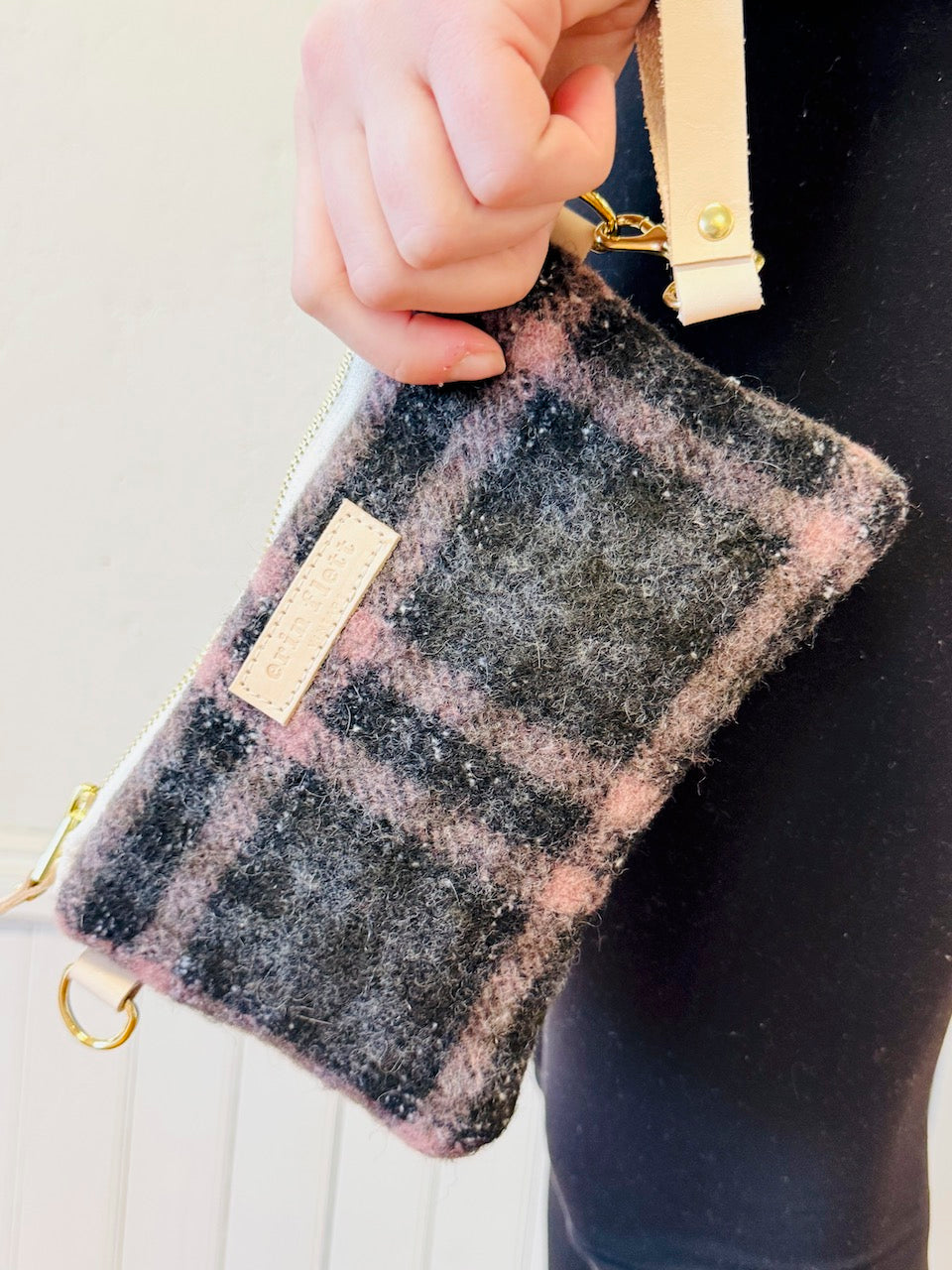 Vintage Wool Ellie Wristlet - Pink + Charcoal