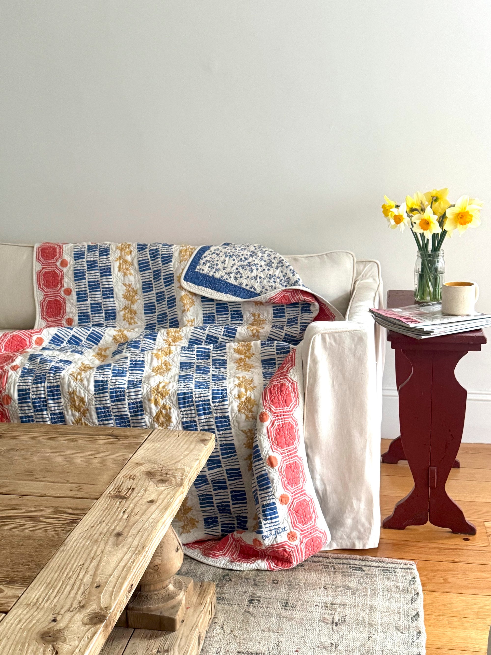 Vintage Tile Quilt Throw in Worn Red By Erin Flett 1