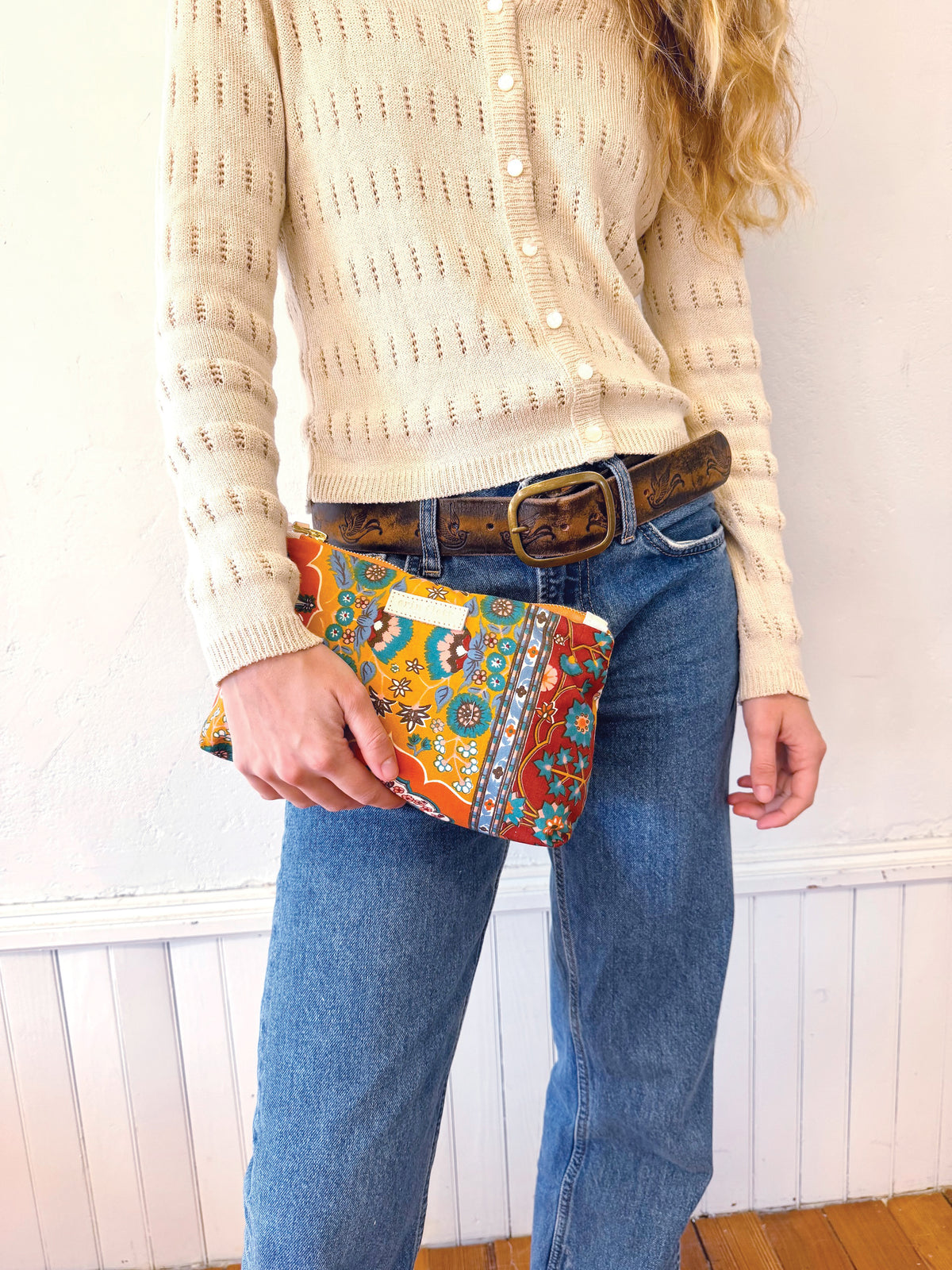 1970's Earthy Bohemian Print Laura Bag Zipper Pouch + Erin Flett inside