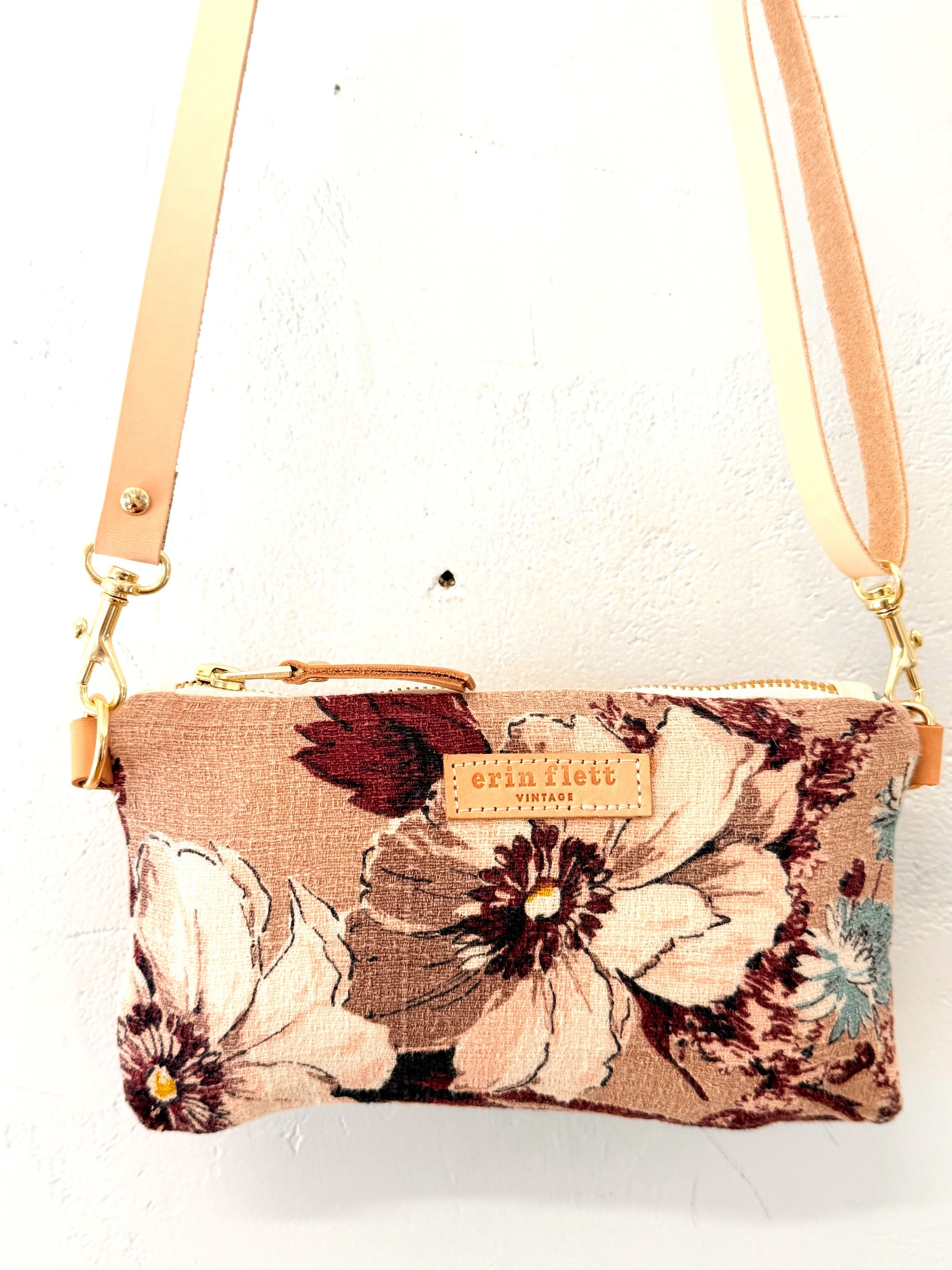 Leather Adj Strap + Vintage Bark Cloth Ellie zip Floral
