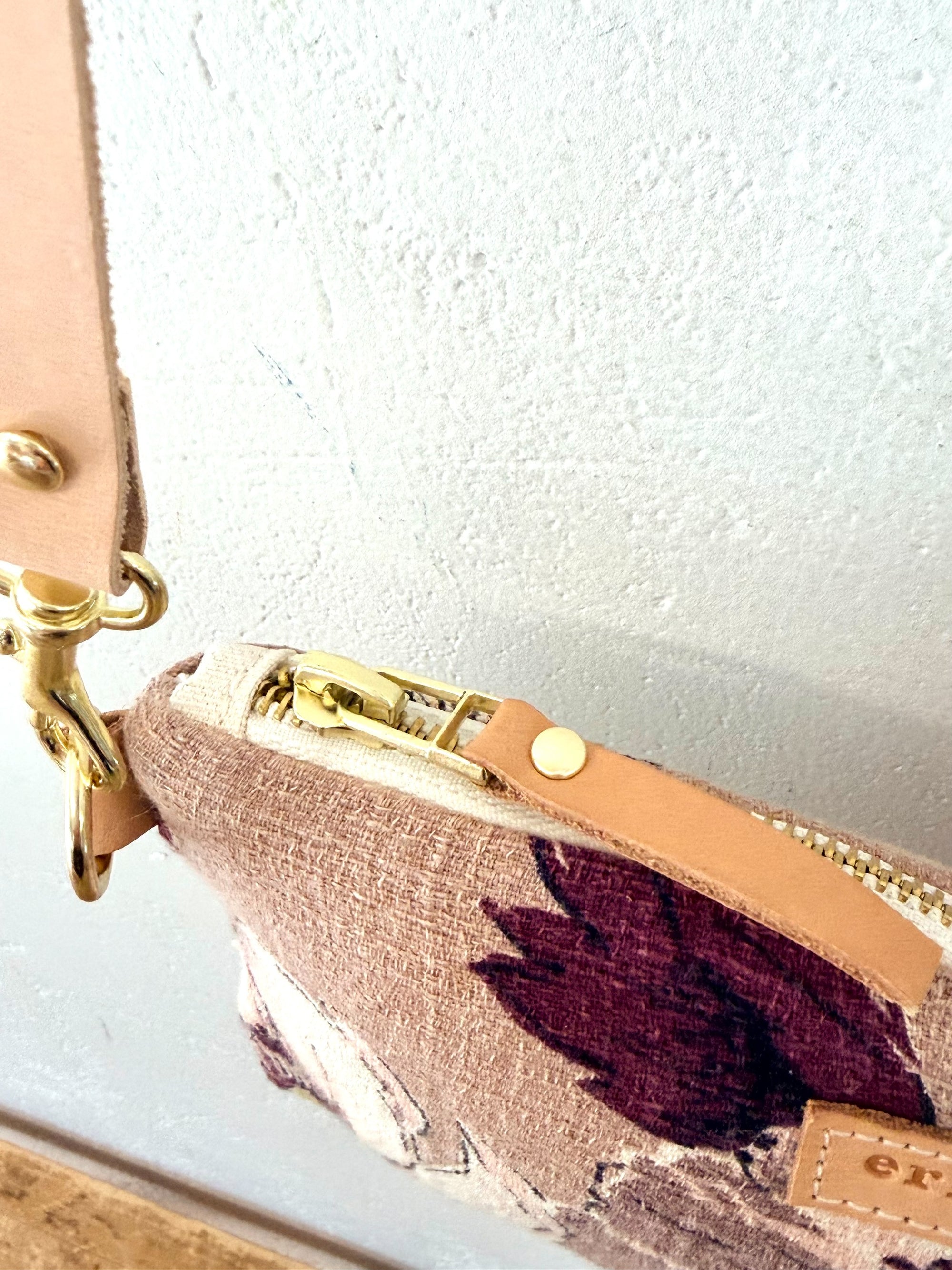 Leather Adj Strap + Vintage Bark Cloth Ellie zip Floral