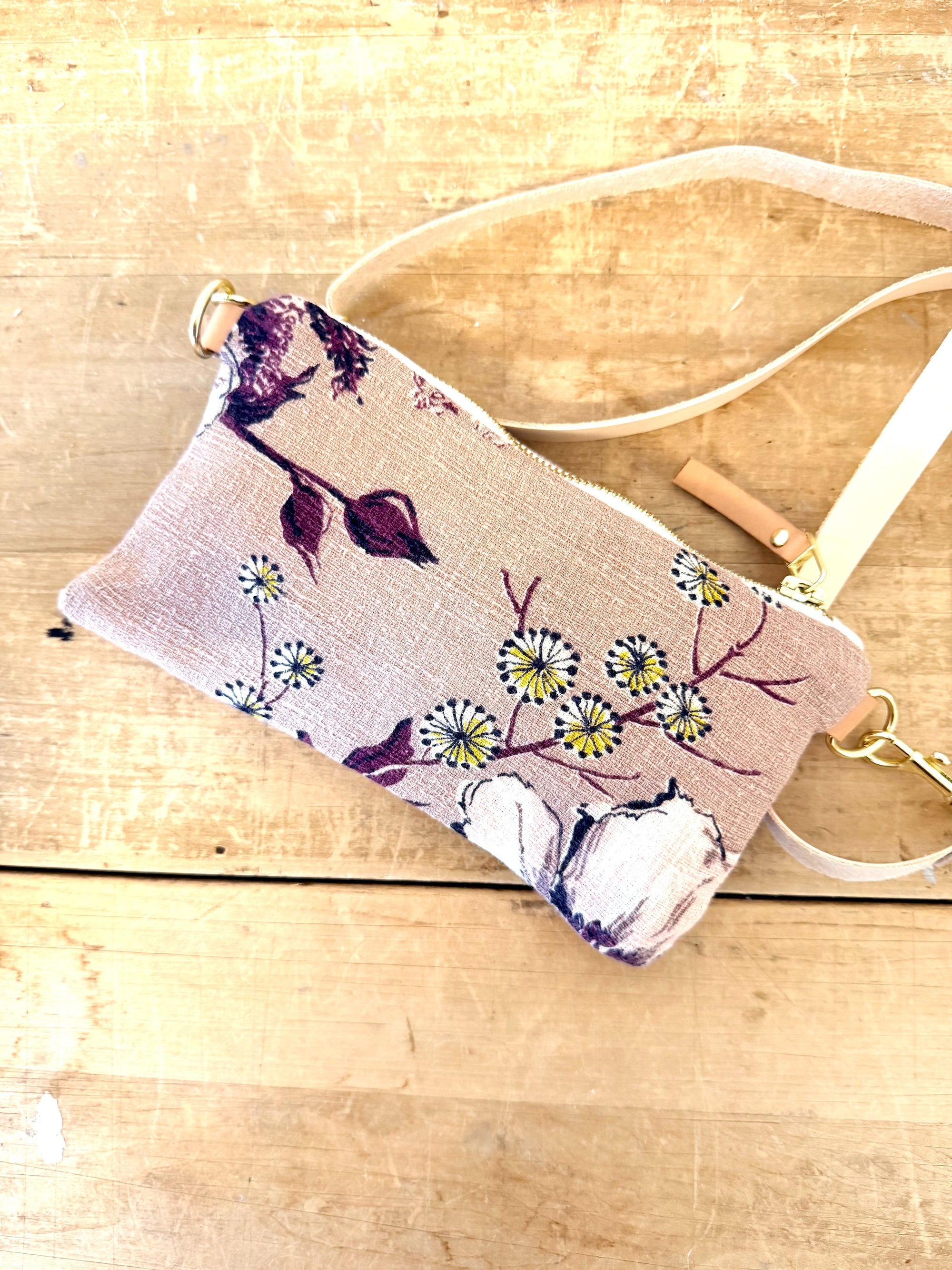 Leather Adj Strap + Vintage Bark Cloth Ellie zip Floral
