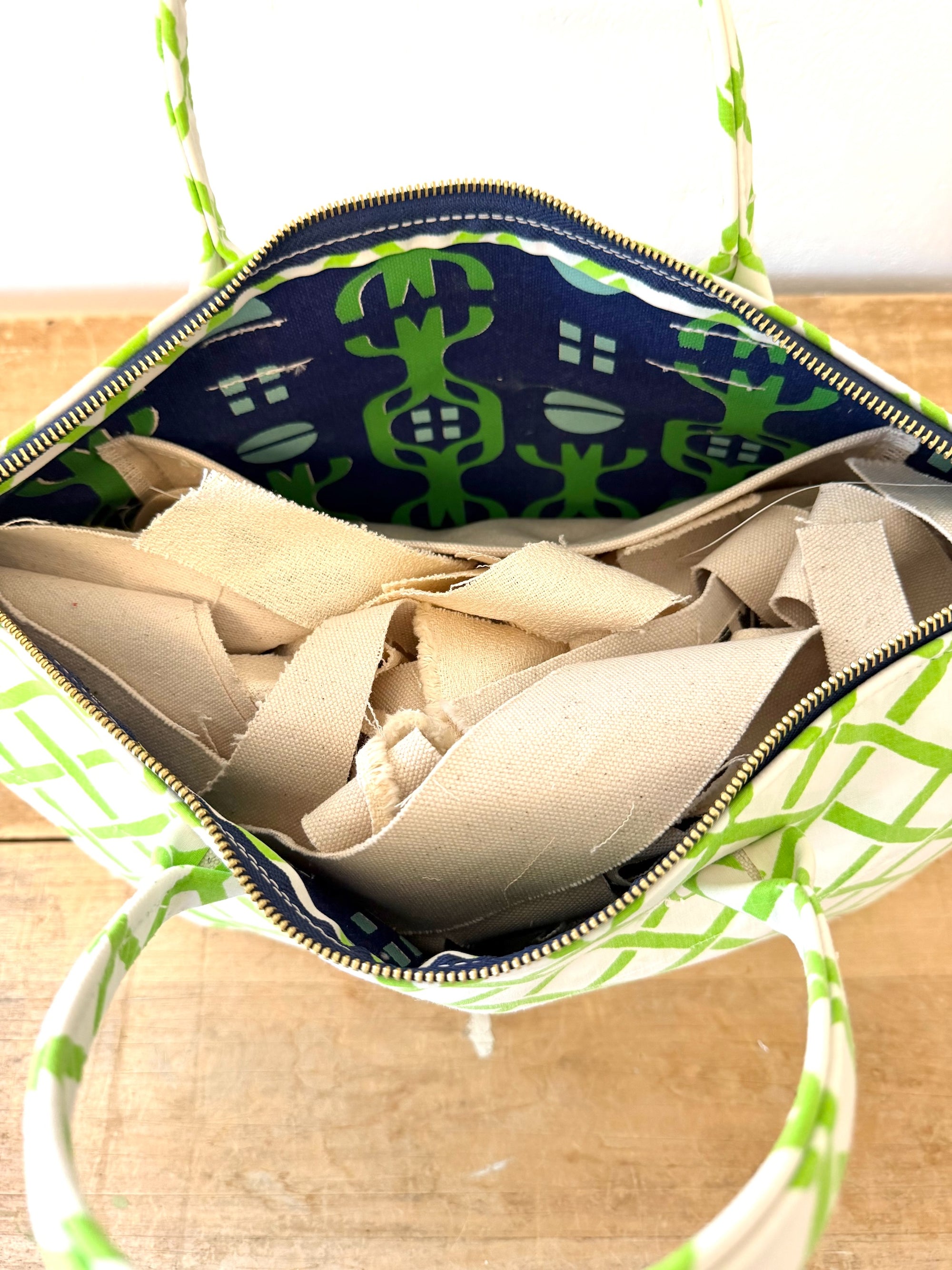 Vintage Satchel Bag - Large - Mid Century Geo Trellis Chartreuse Green + Erin Print Inside