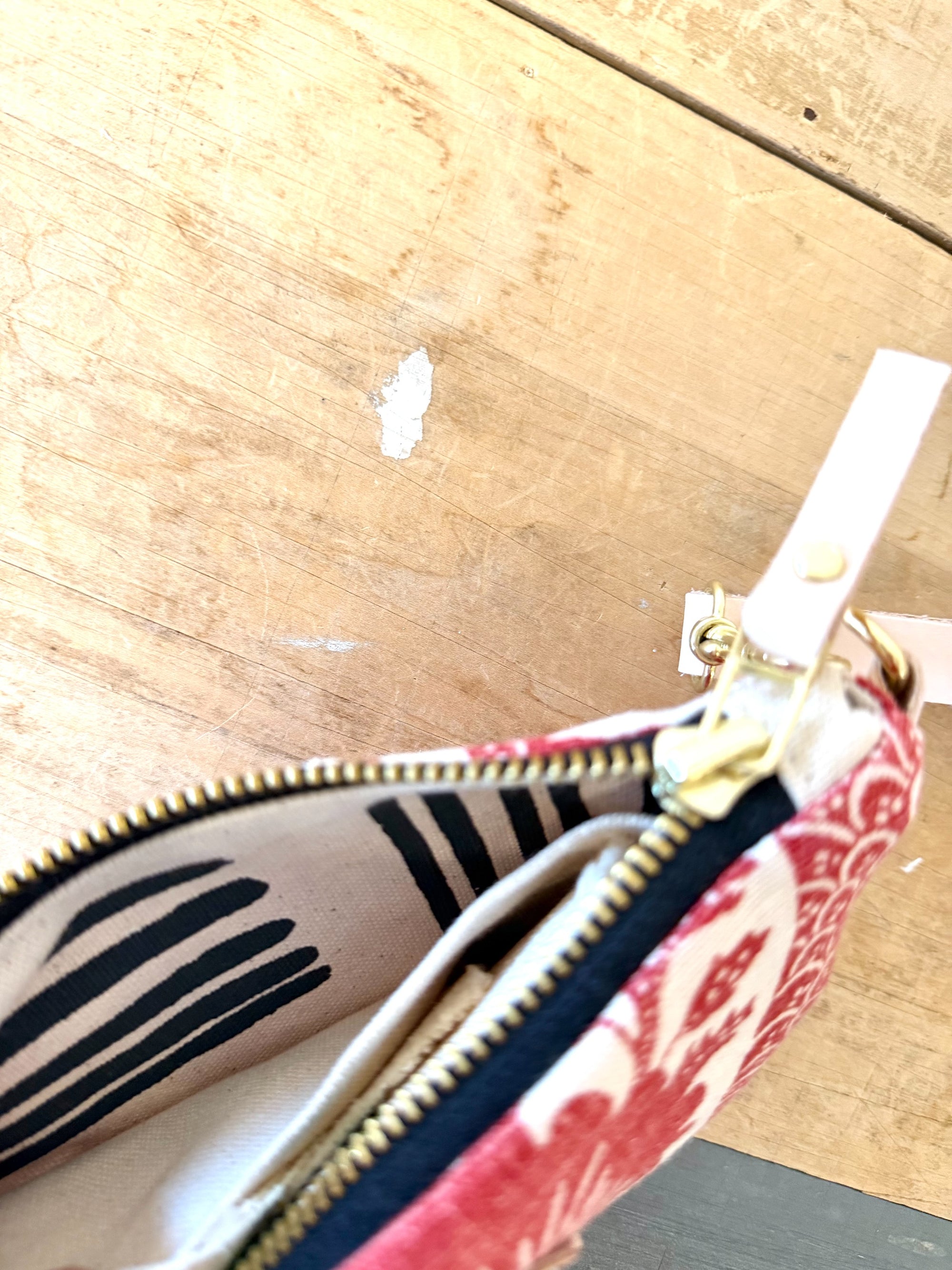 Vintage Ellie Wristlet CROSS BODY - Crimson French Damask - WITH Erin Flett print inside (MY FAV PRINT!)