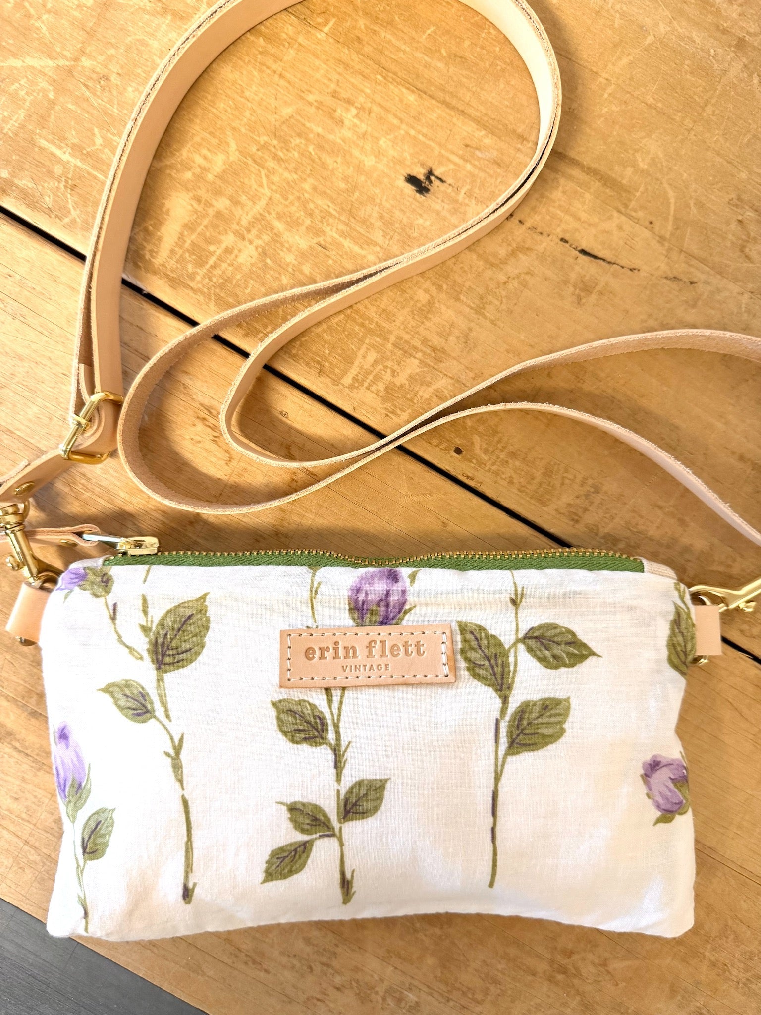 Vintage Ellie Wristlet CROSS BODY - Purple Rose - WITH Erin Flett print inside