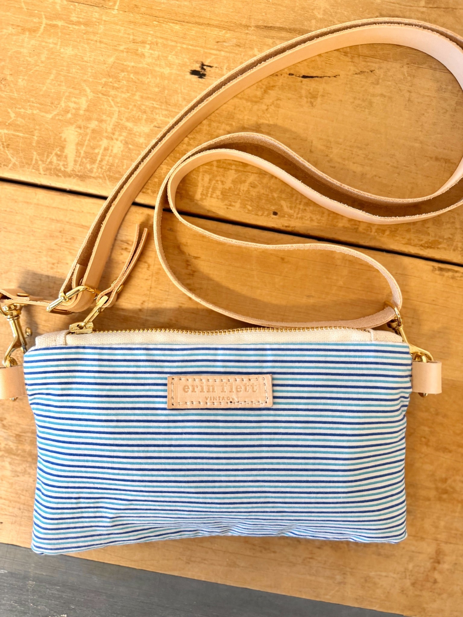 Vintage Ellie Wristlet CROSS BODY - Small Blue Stripe - WITH Erin Flett print inside