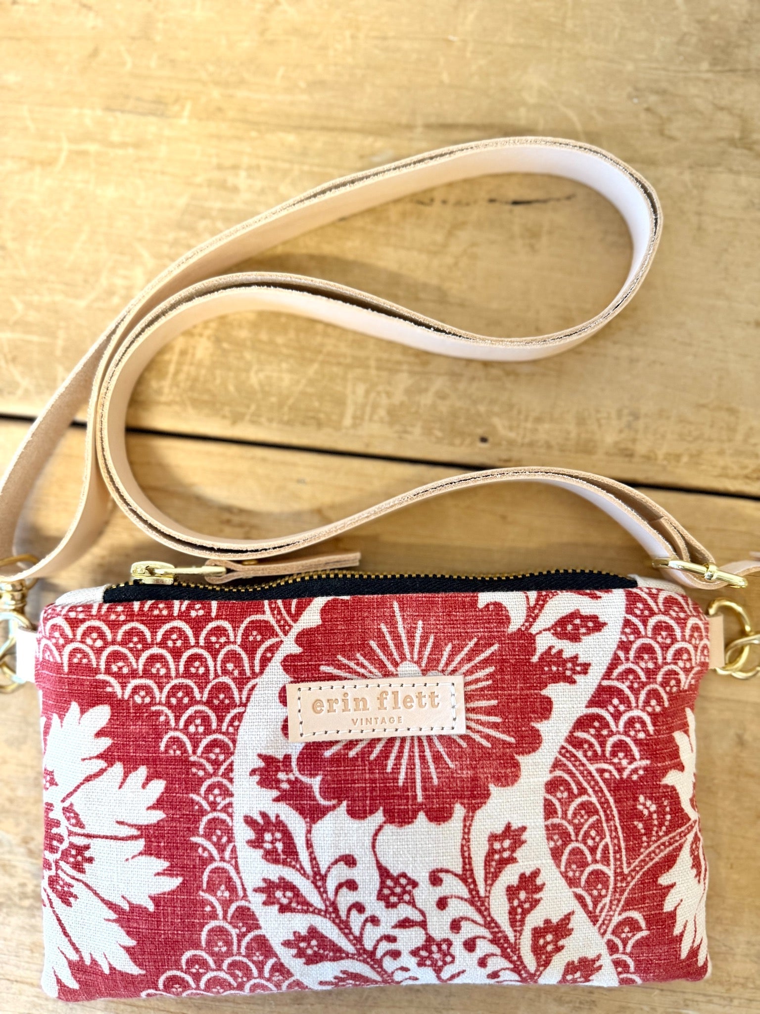 Vintage Ellie Wristlet CROSS BODY - Crimson French Damask - WITH Erin Flett print inside (MY FAV PRINT!)