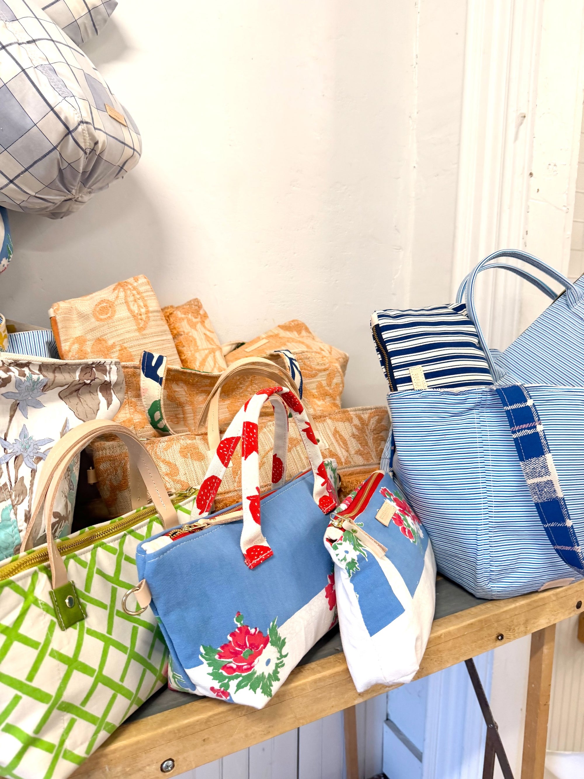 Vintage Boho Bag - Blue Variegated Stripe + Erin Print Inside