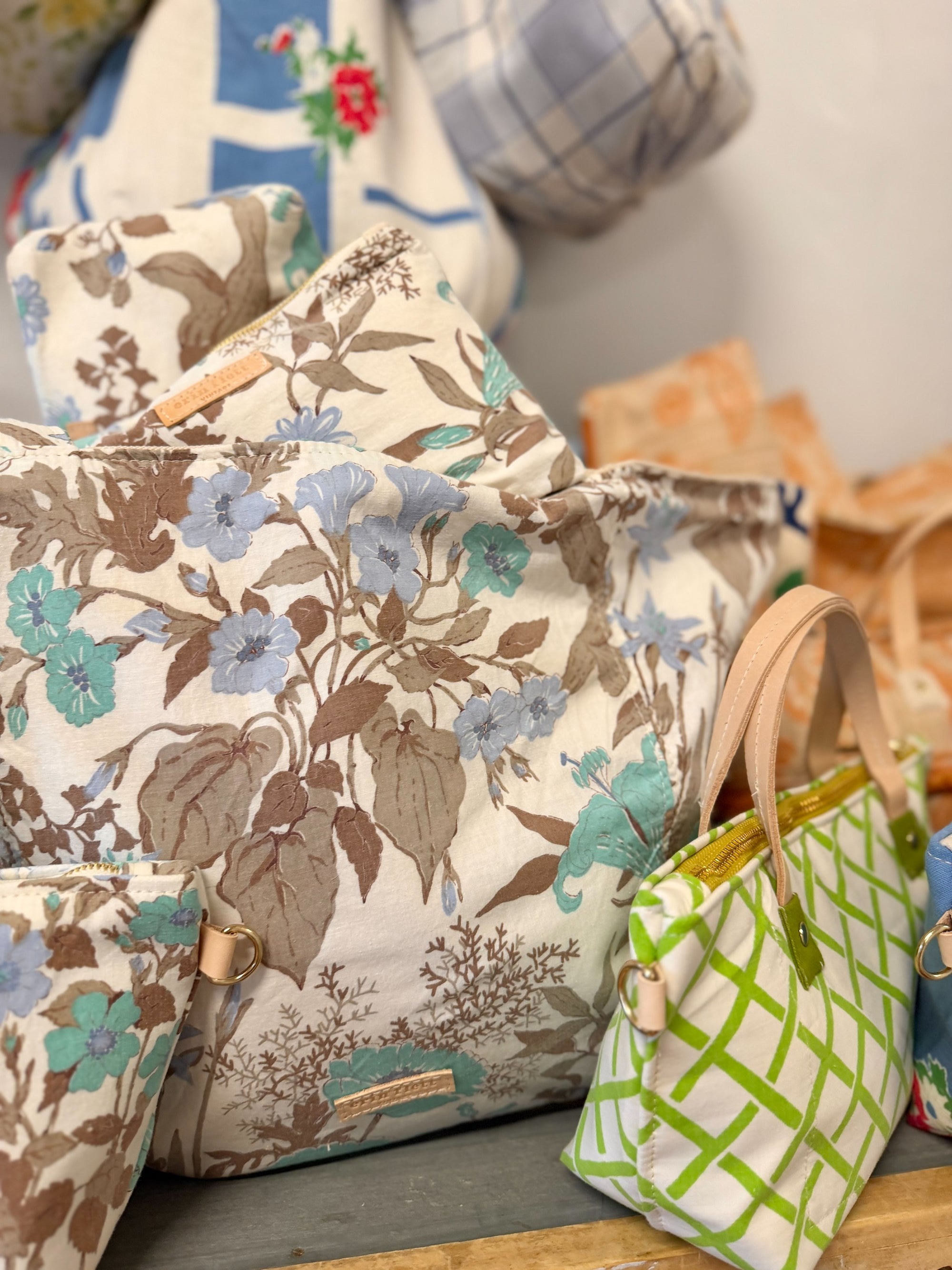 Vintage Satchel Bag - Small - Brown Blues Floral + Erin Print Inside