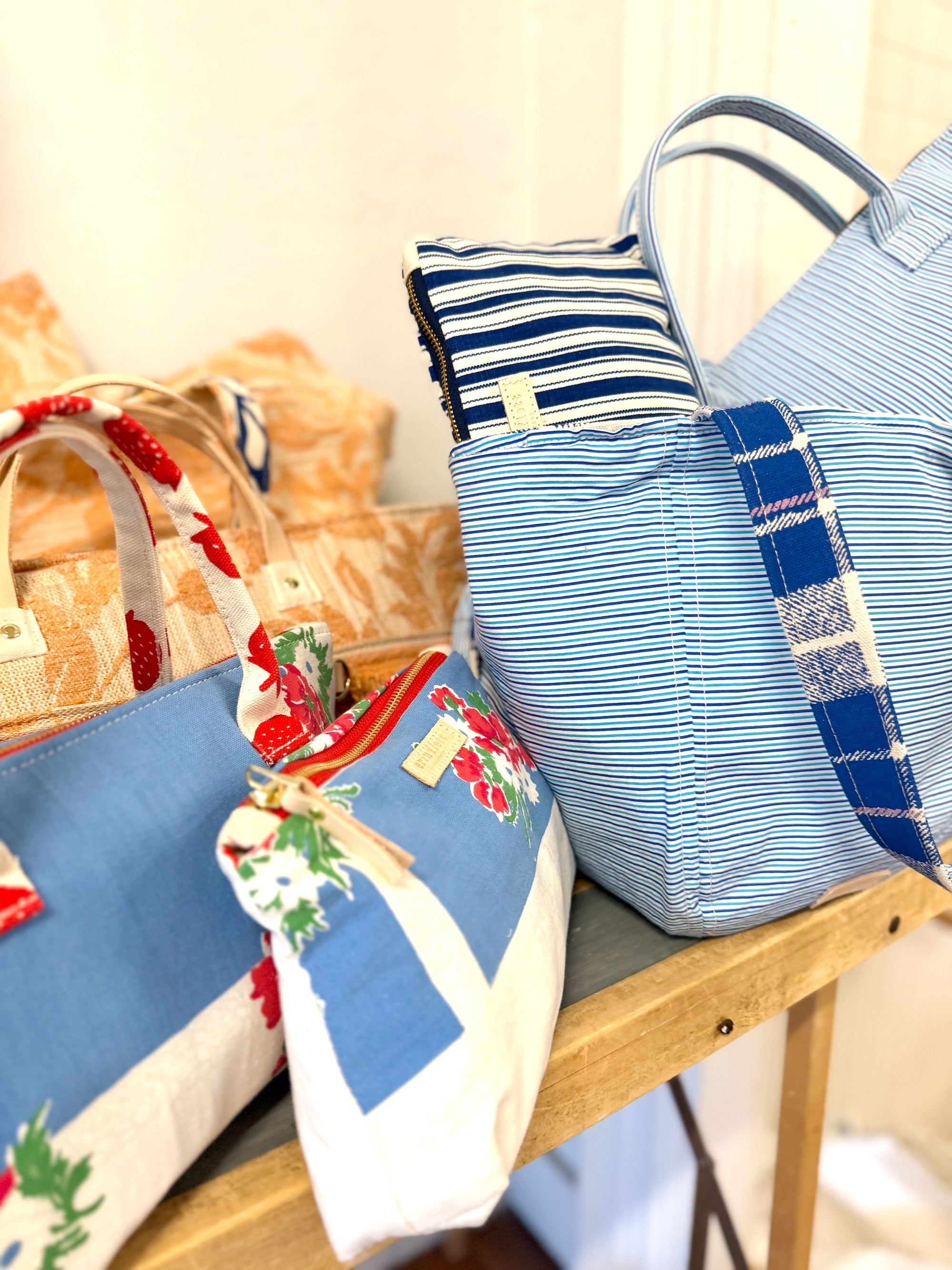 Vintage Satchel Bag - Small - Leather Handle - Blue Variegated Stripe + Erin Print Inside