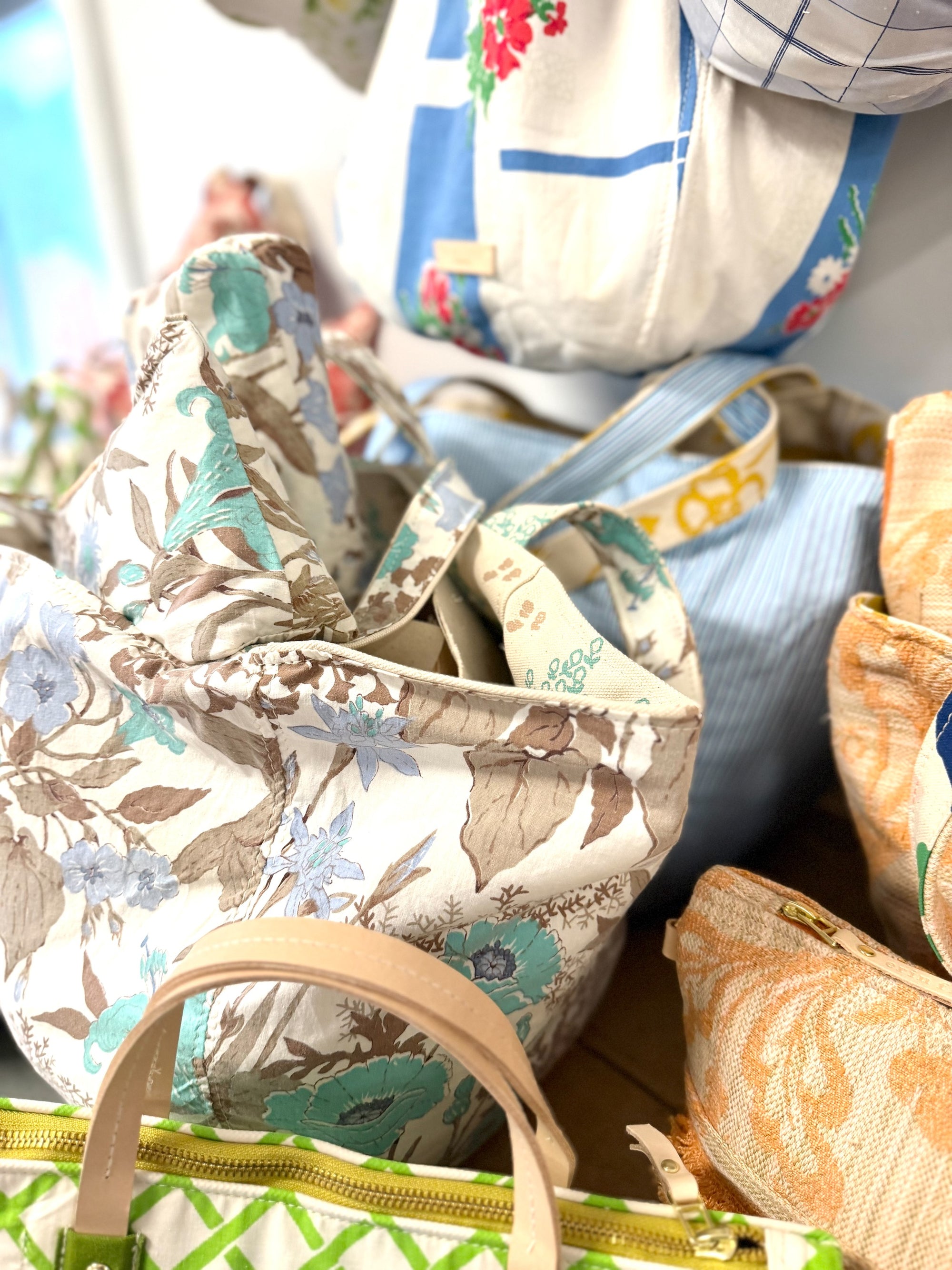 Vintage Satchel Bag - Small - Brown Blues Floral + Erin Print Inside