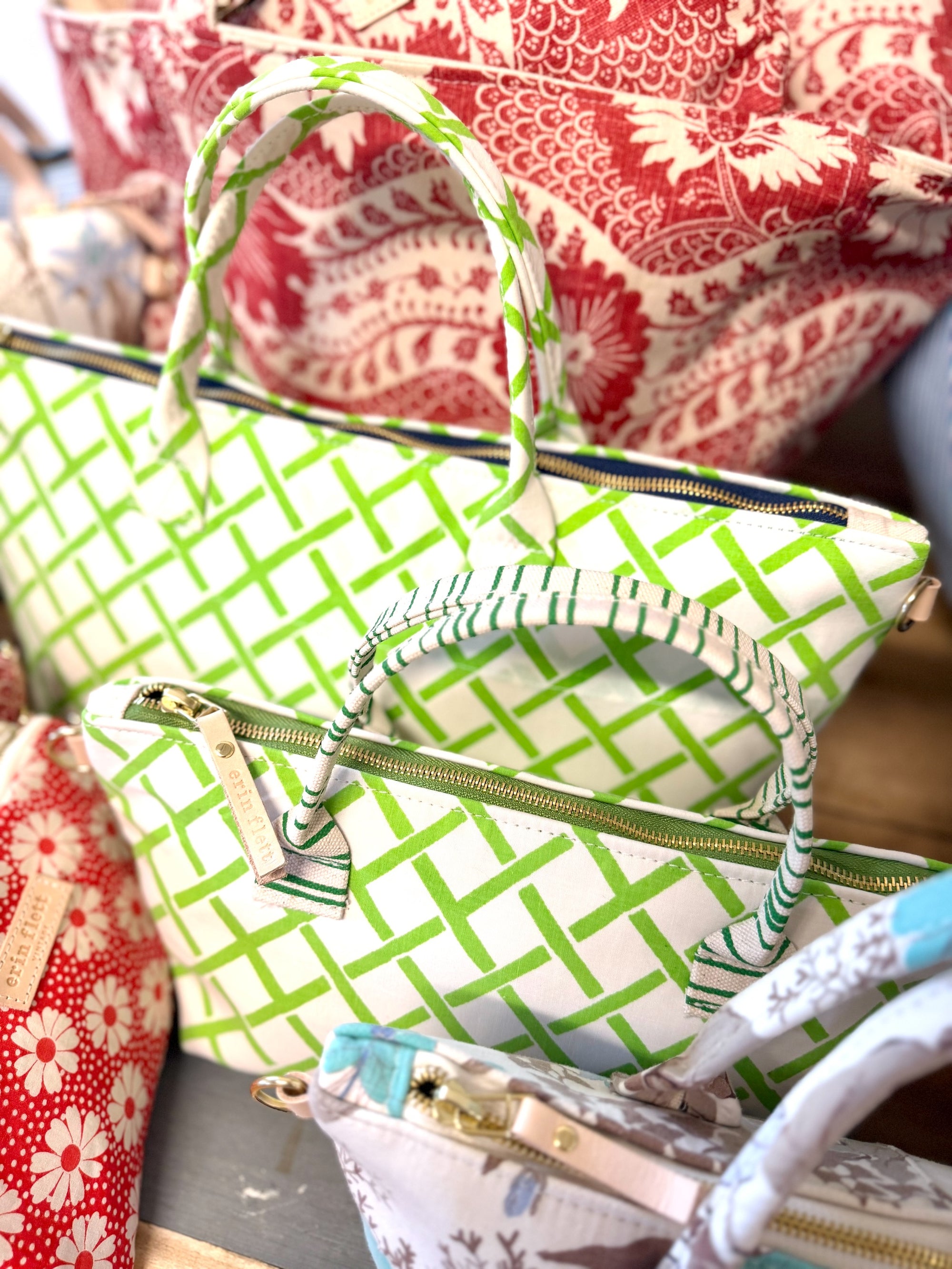 Vintage Satchel Bag - Small - Leather Handle - Mid Century Geo Trellis Chartreuse Green + Erin Print Inside