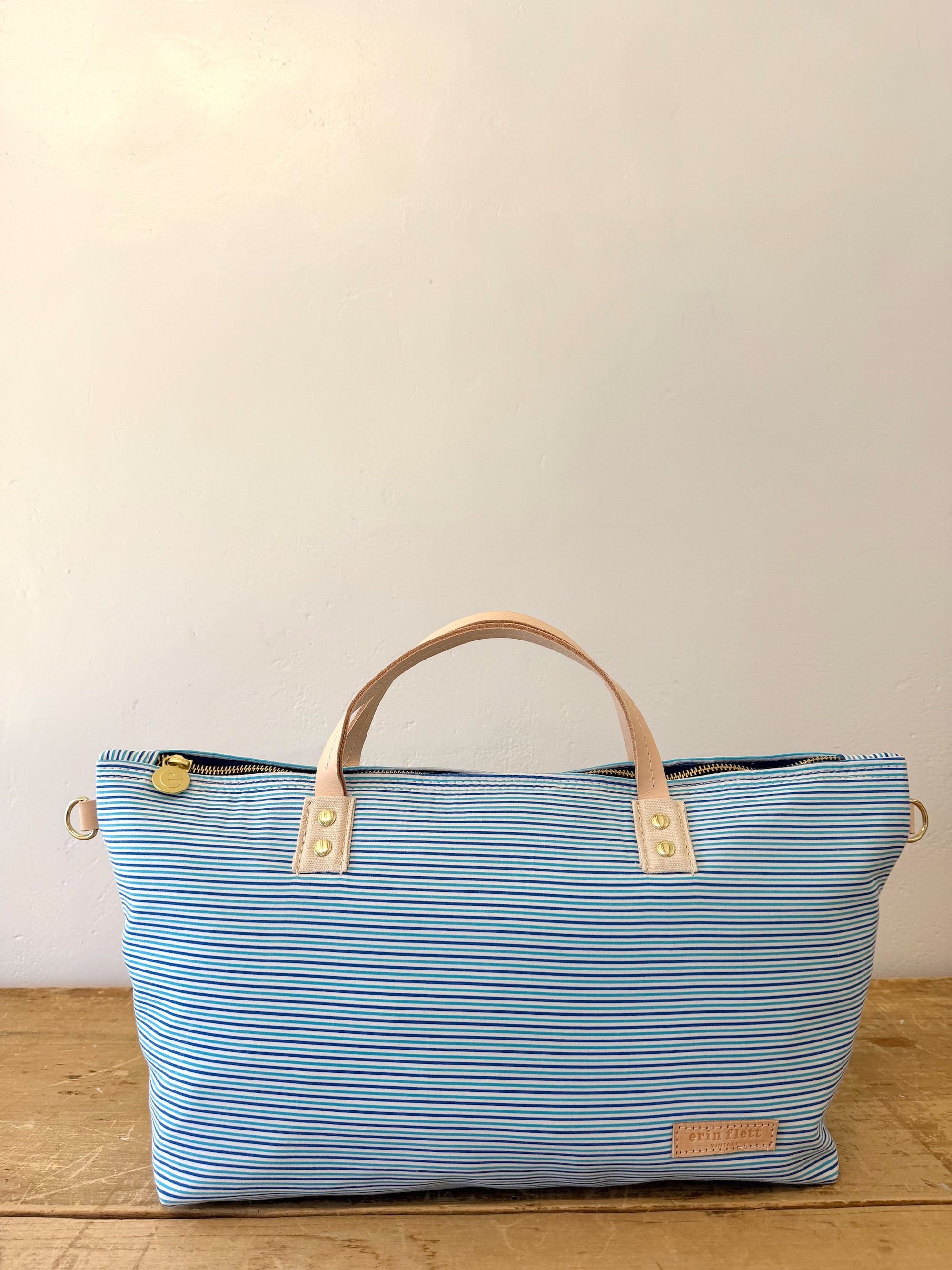 Vintage Satchel Bag - Large - Blue Variegated Stripe + Erin Print Inside