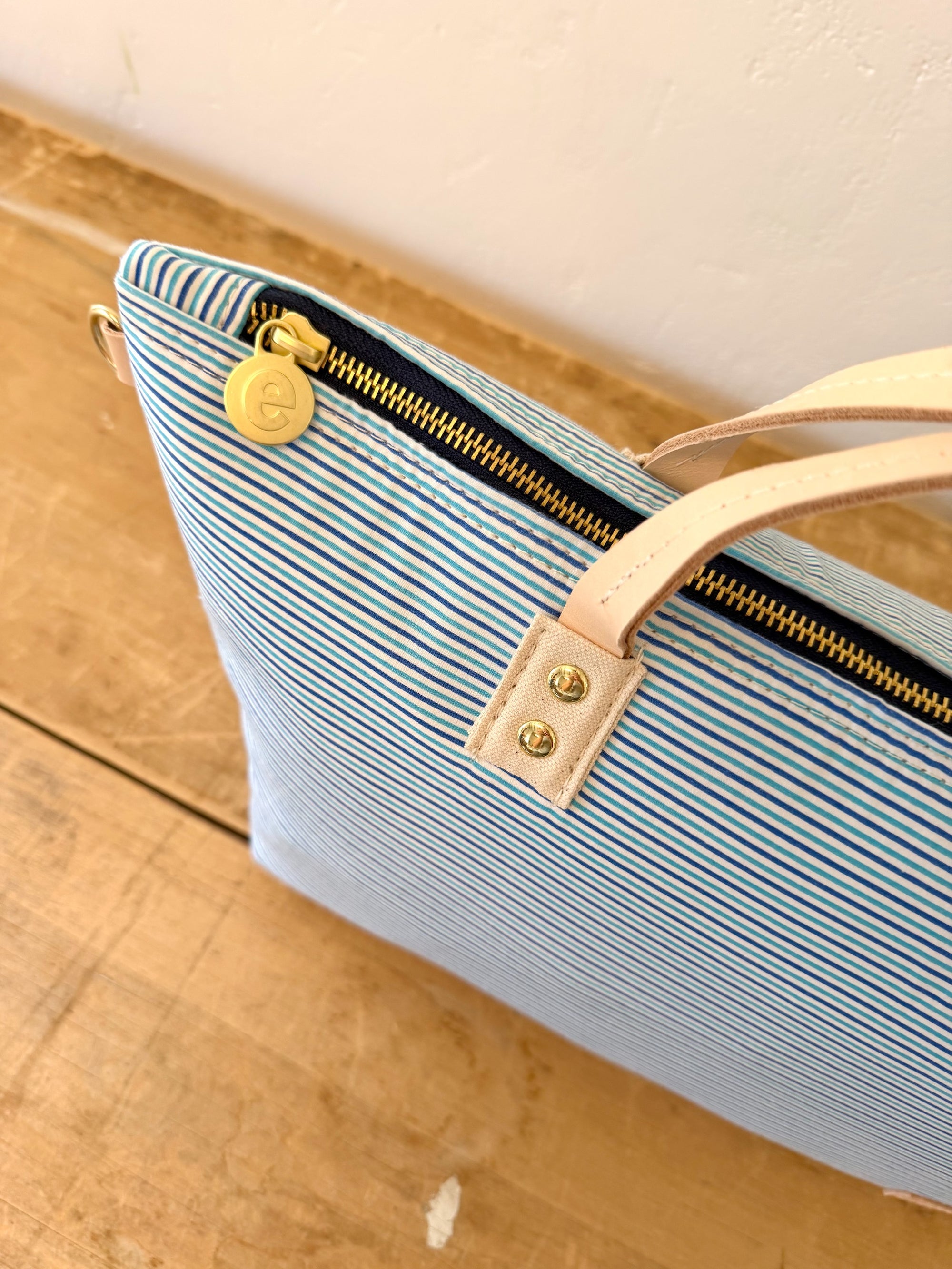 Vintage Satchel Bag - Large - Blue Variegated Stripe + Erin Print Inside
