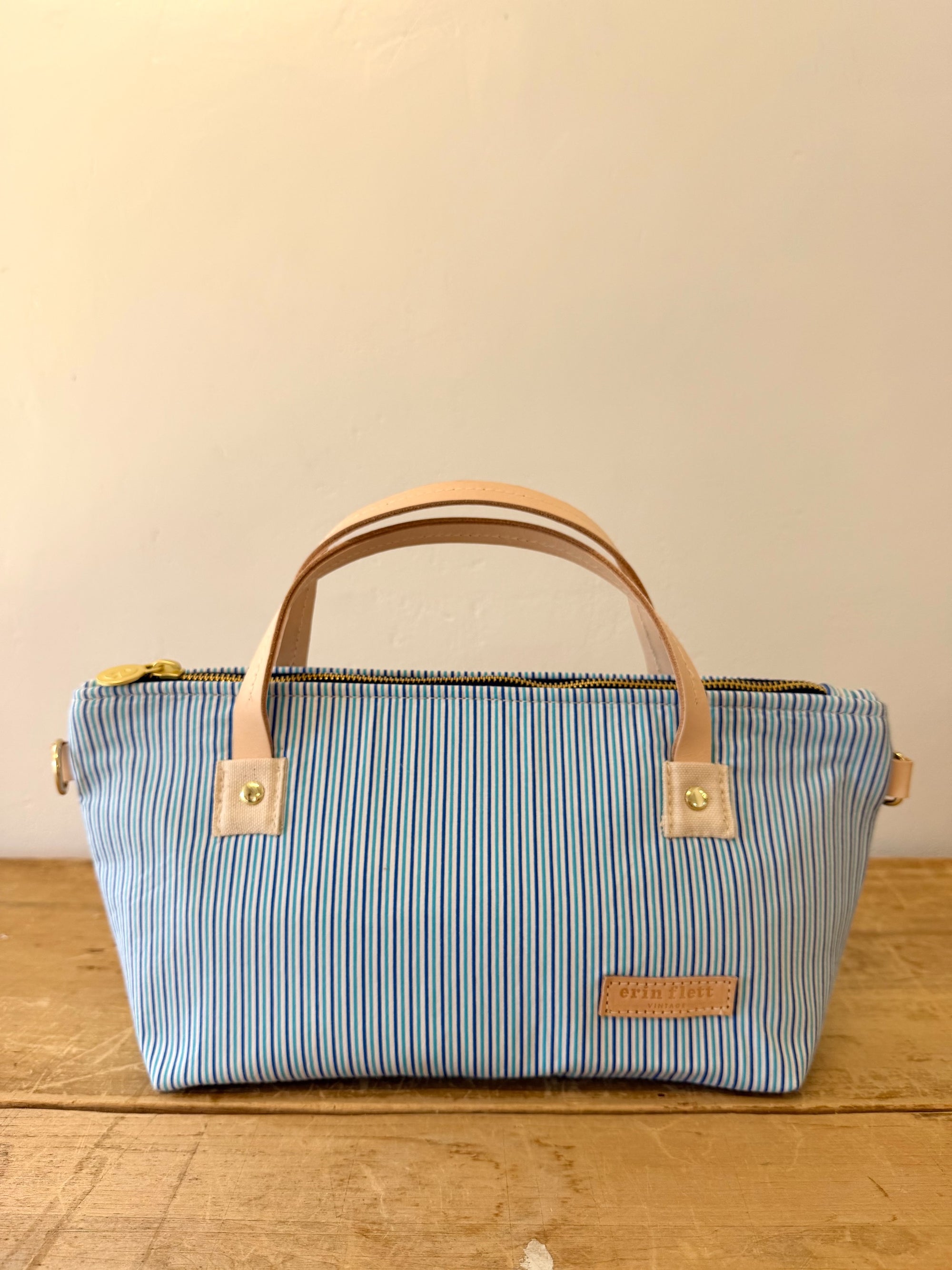 Vintage Satchel Bag - Small - Leather Handle - Blue Variegated Stripe + Erin Print Inside