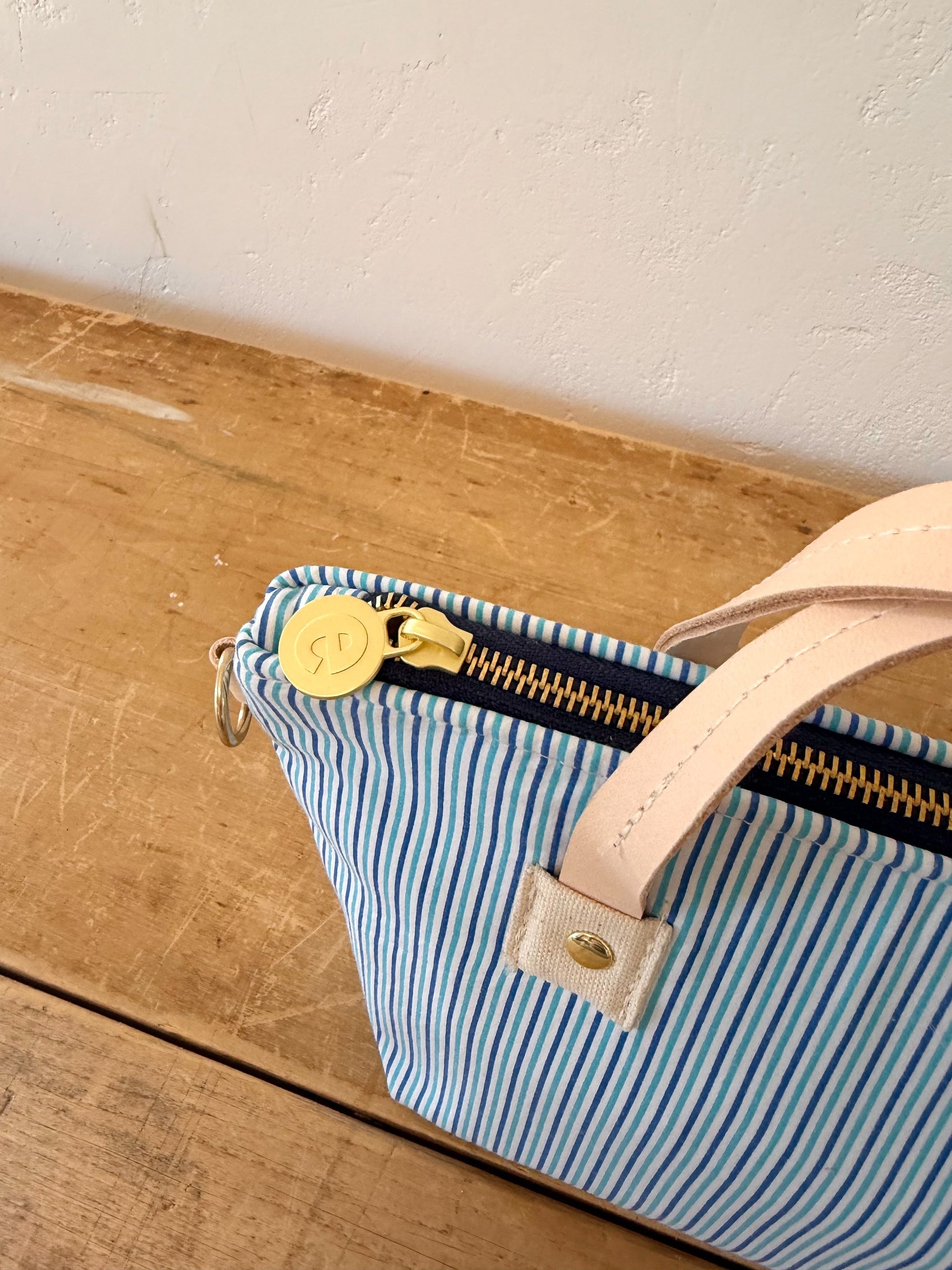 Vintage Satchel Bag - Small - Leather Handle - Blue Variegated Stripe + Erin Print Inside