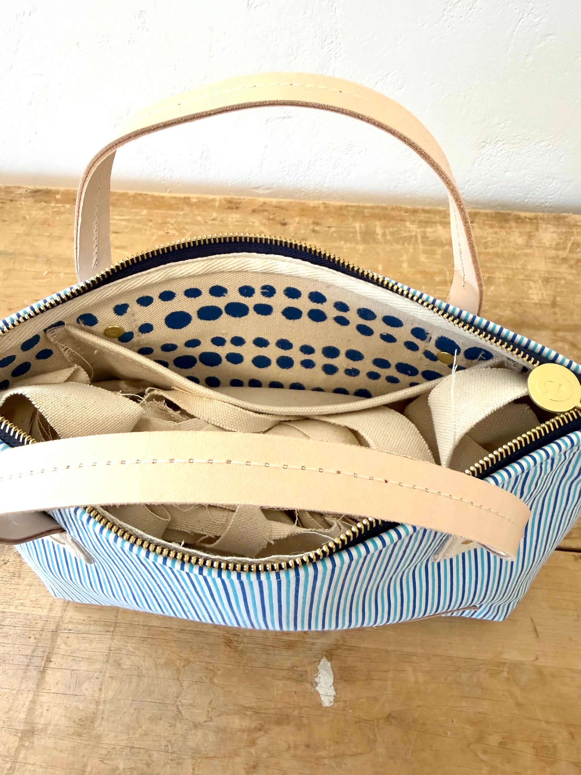 Vintage Satchel Bag - Small - Leather Handle - Blue Variegated Stripe + Erin Print Inside