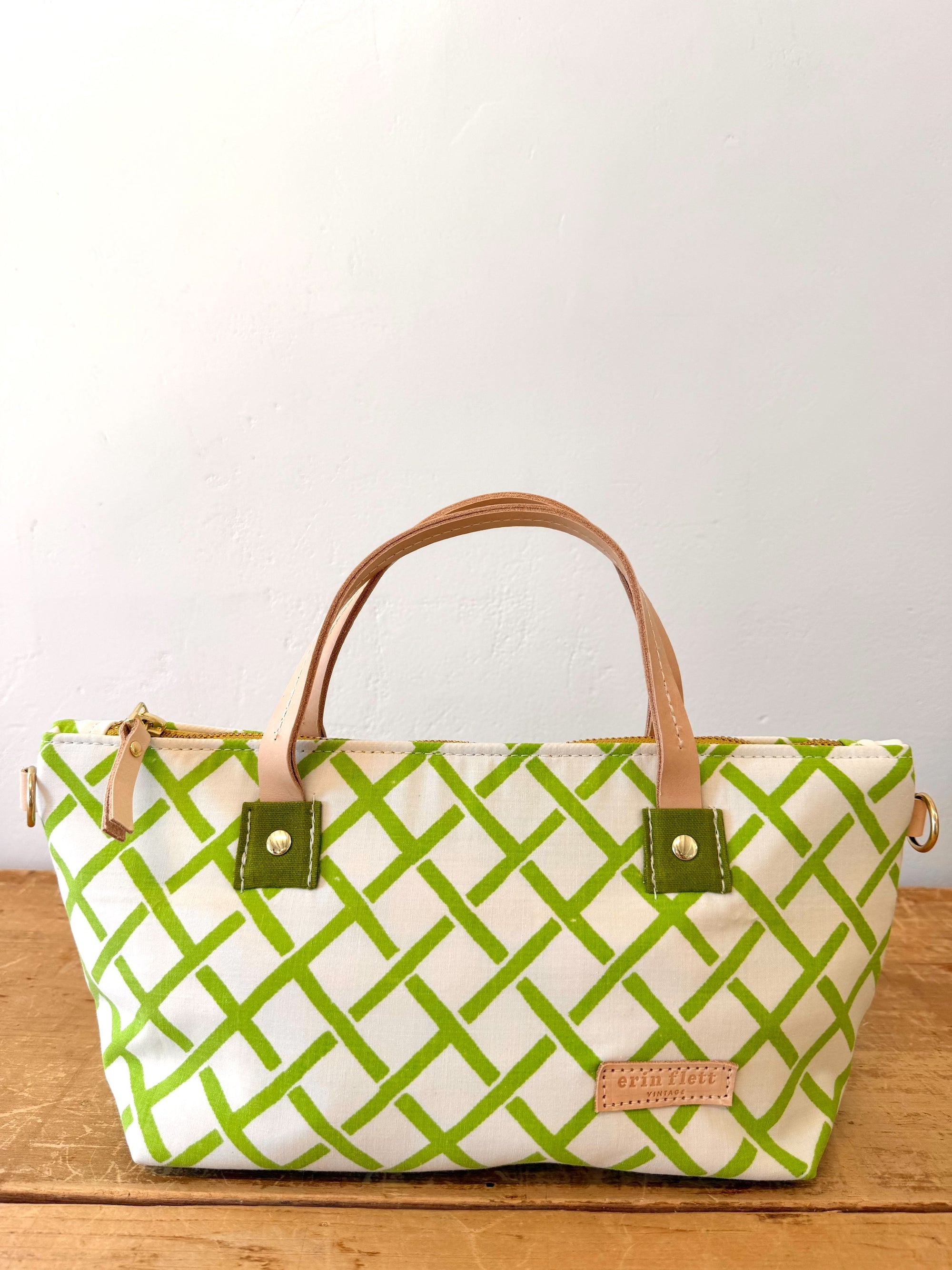 Vintage Satchel Bag - Small - Leather Handle - Mid Century Geo Trellis Chartreuse Green + Erin Print Inside