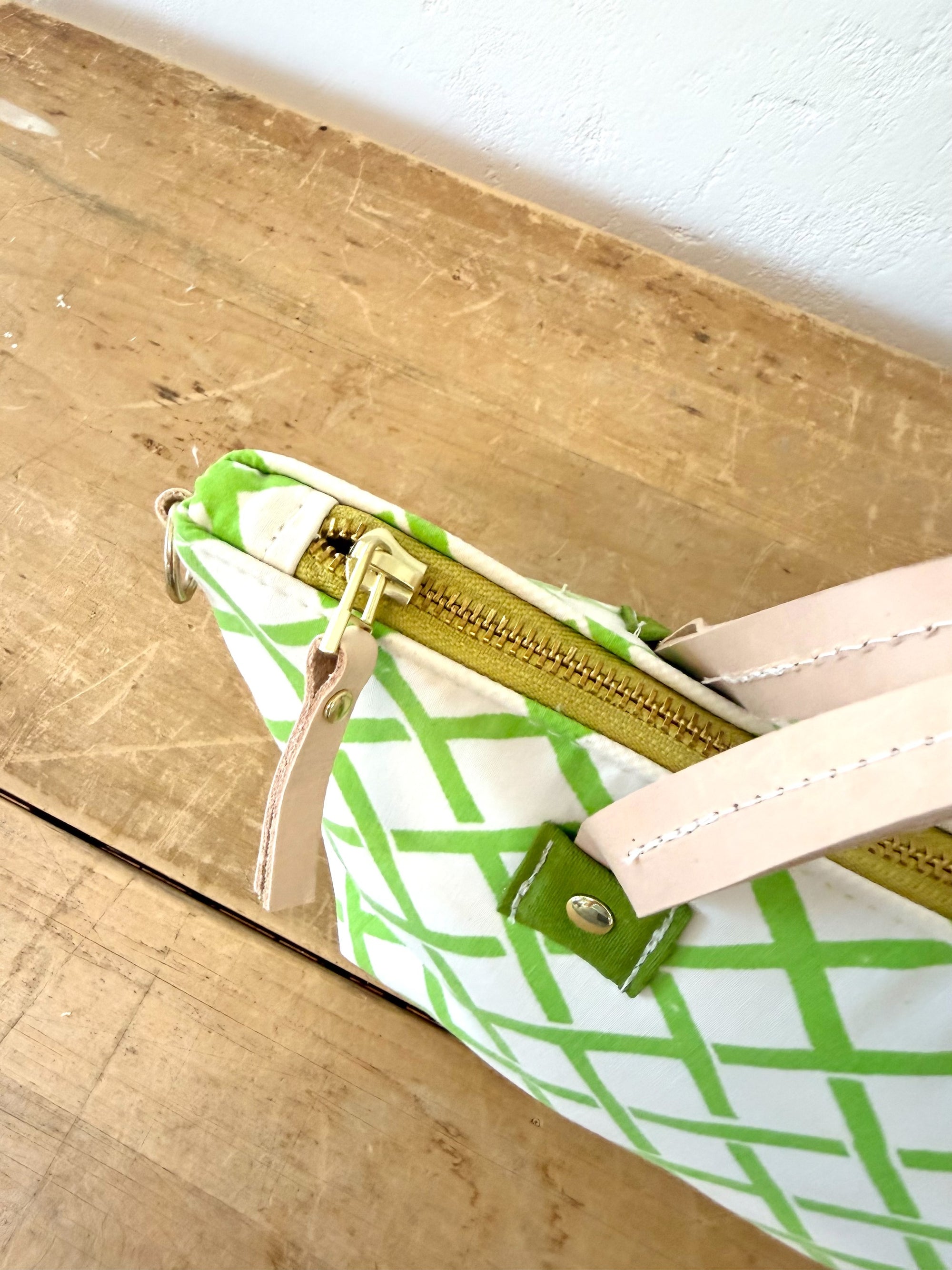Vintage Satchel Bag - Small - Leather Handle - Mid Century Geo Trellis Chartreuse Green + Erin Print Inside