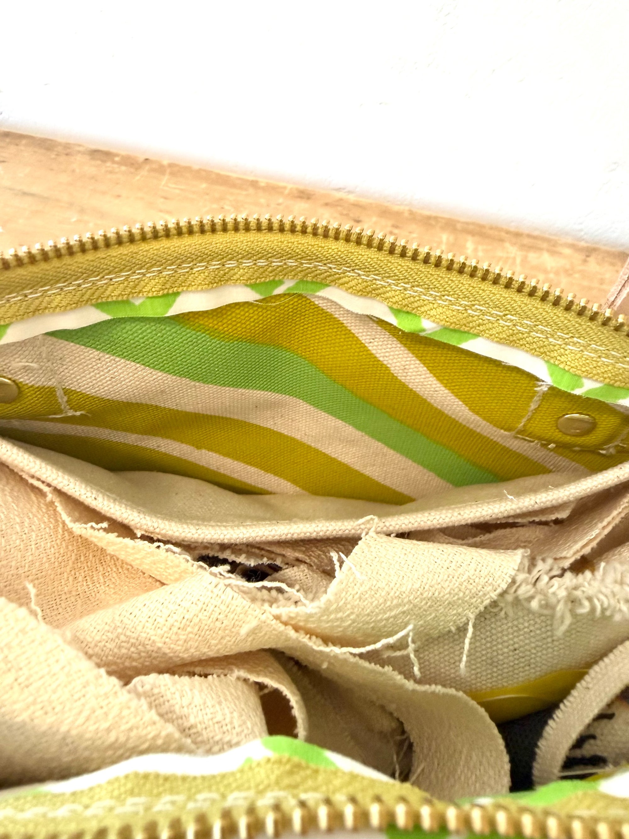 Vintage Satchel Bag - Small - Leather Handle - Mid Century Geo Trellis Chartreuse Green + Erin Print Inside