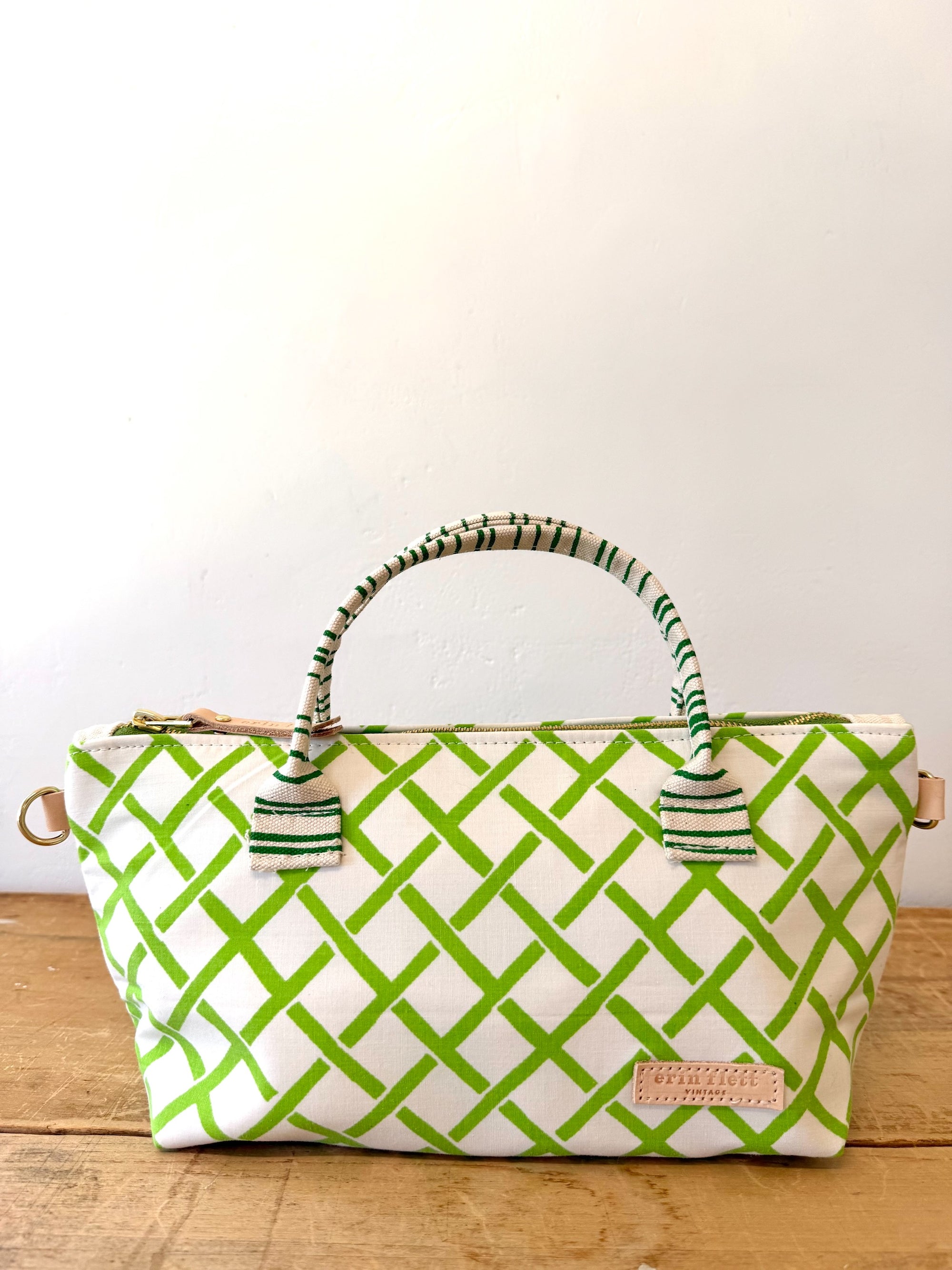 Vintage Satchel Bag - Small - Fabric Handle - Mid Century Geo Trellis Chartreuse Green + Erin Print Inside