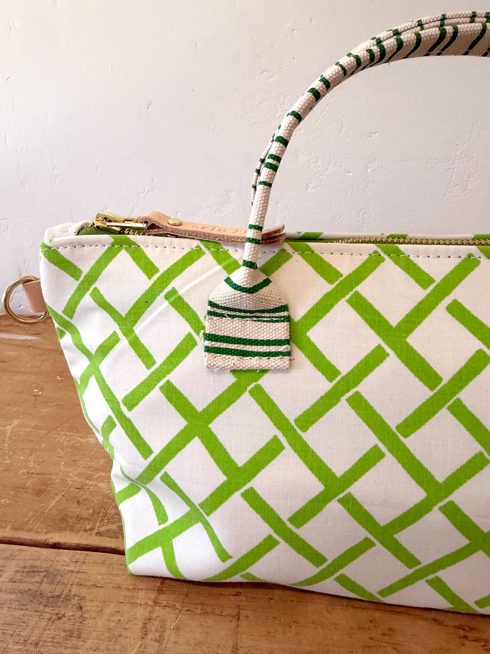 Vintage Satchel Bag - Small - Fabric Handle - Mid Century Geo Trellis Chartreuse Green + Erin Print Inside