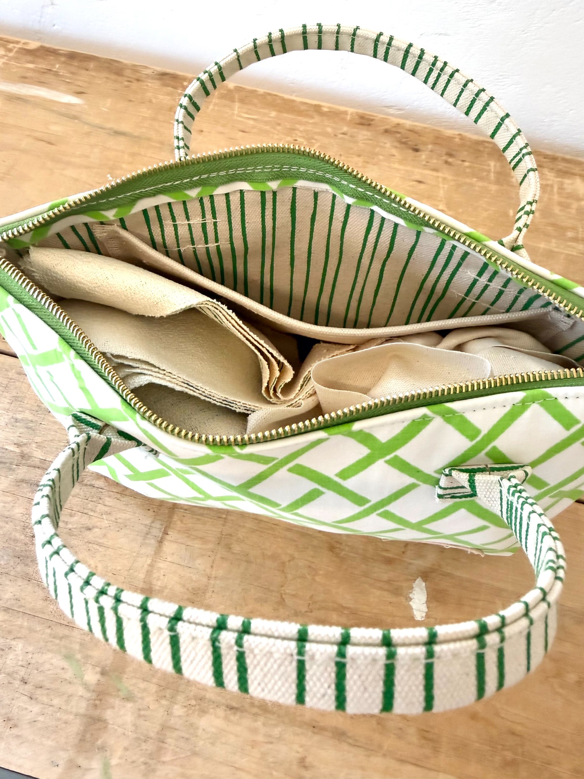 Vintage Satchel Bag - Small - Fabric Handle - Mid Century Geo Trellis Chartreuse Green + Erin Print Inside