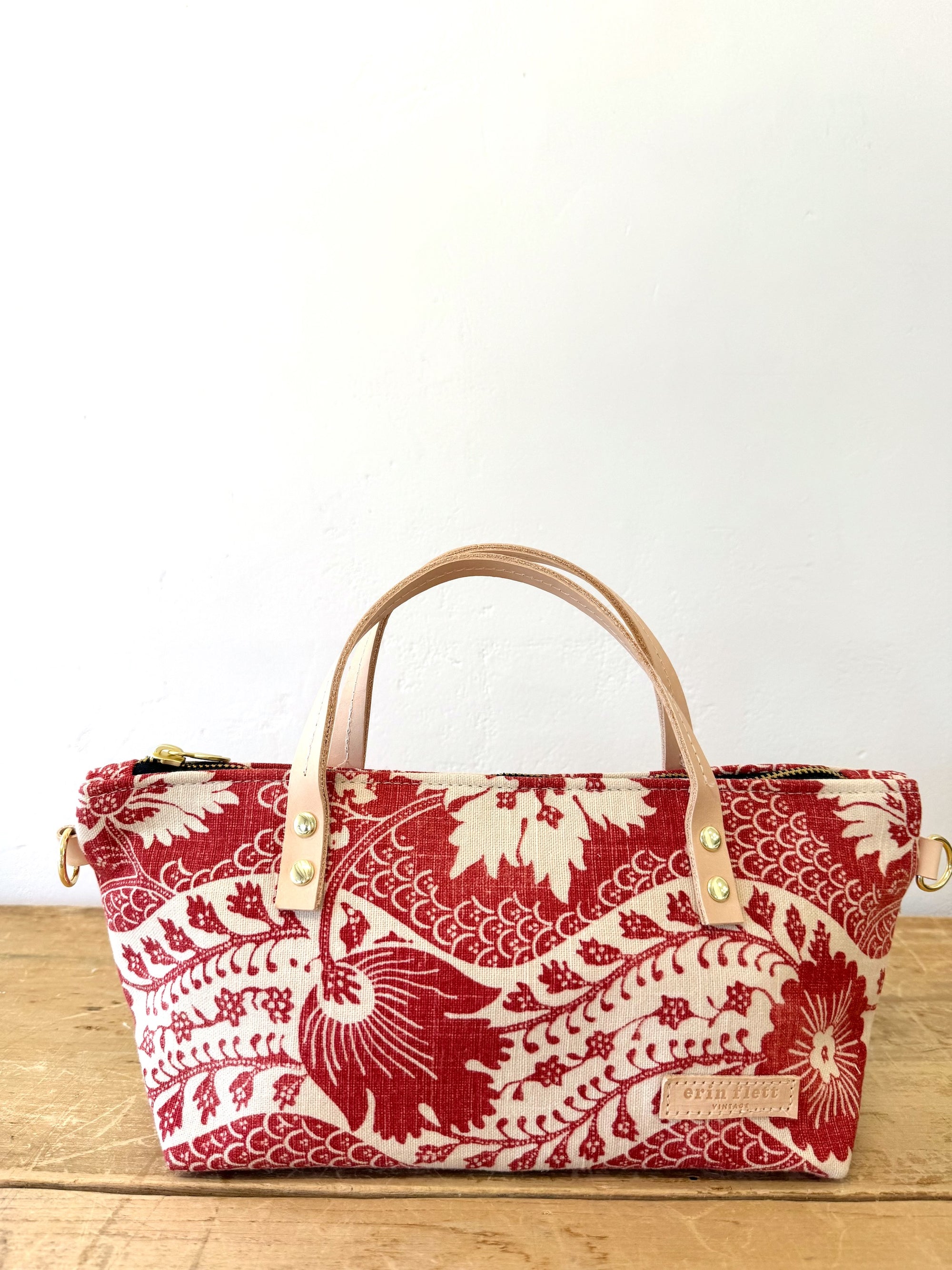 Vintage Satchel Bag - Small - Crimson French Damask + Erin Print Inside