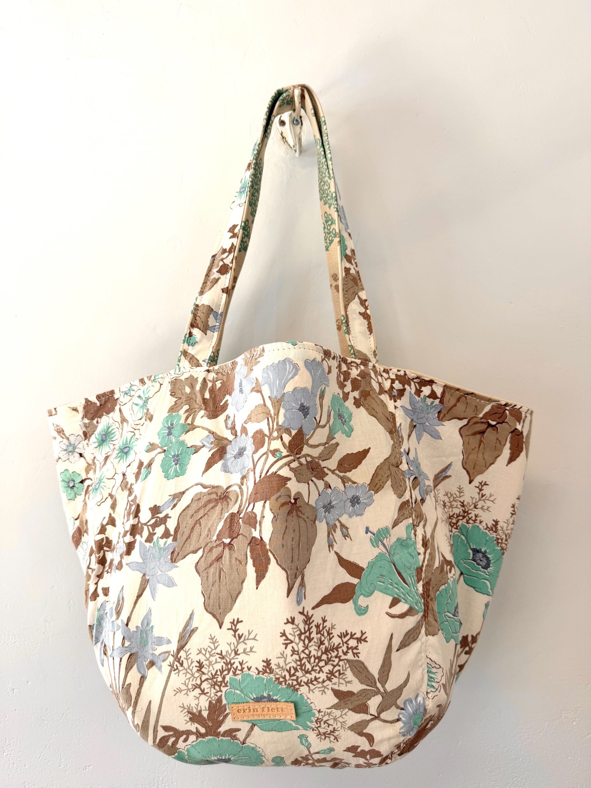 Vintage 1960's 1970's Jacobean Botanical Floral Print BOHO Tote Bag - WITH Erin Flett print inside