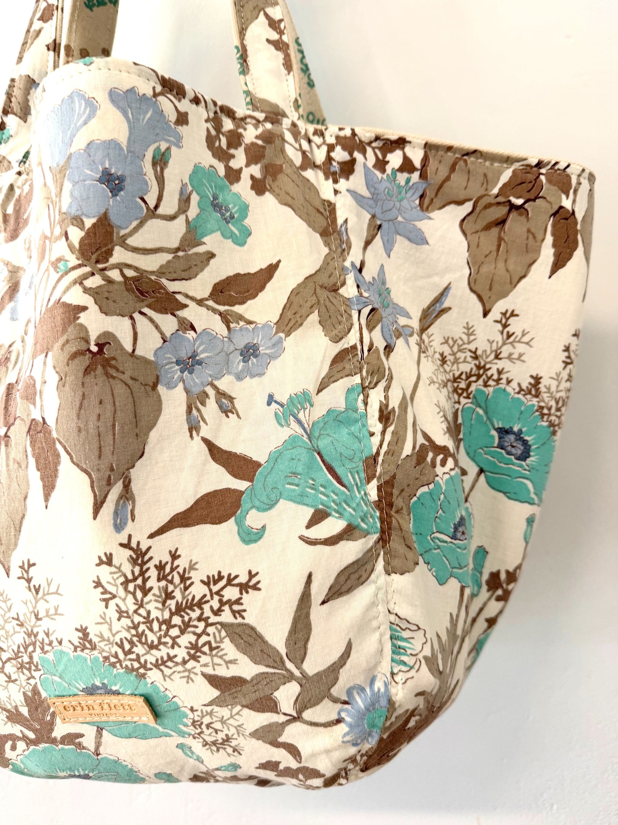 Vintage 1960's 1970's Jacobean Botanical Floral Print BOHO Tote Bag - WITH Erin Flett print inside