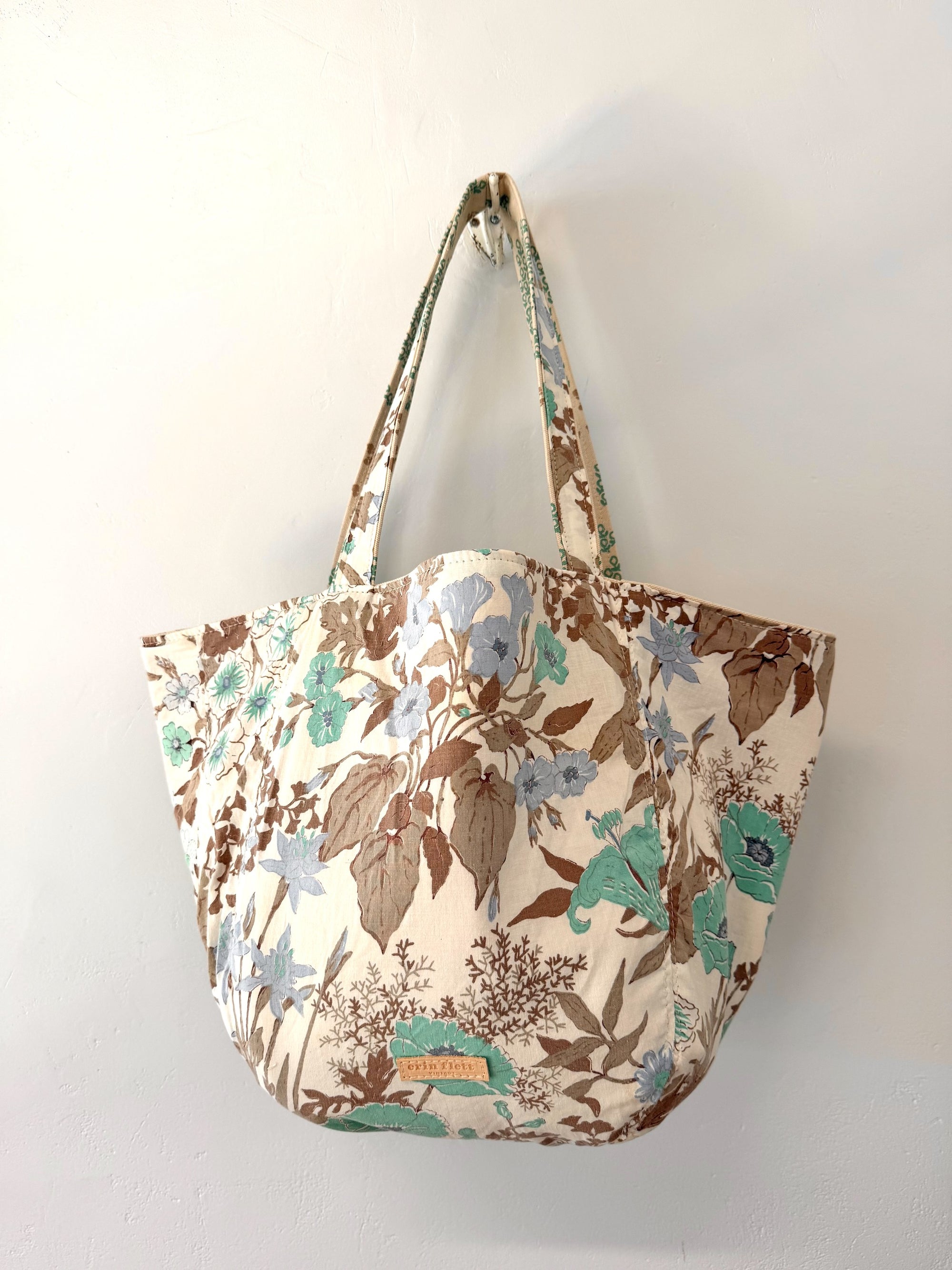Vintage 1960's 1970's Jacobean Botanical Floral Print BOHO Tote Bag - WITH Erin Flett print inside