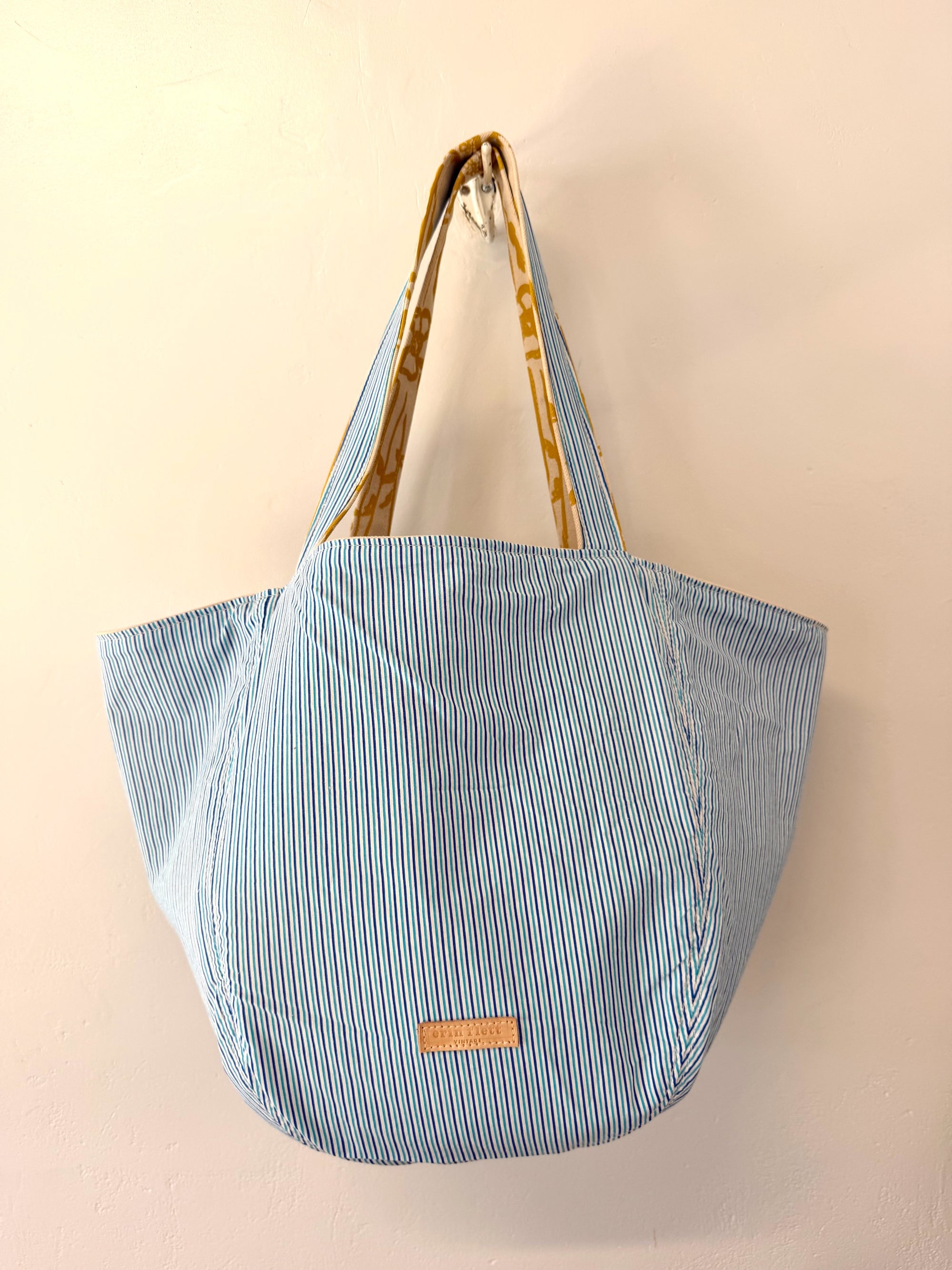Vintage Boho Bag - Blue Variegated Stripe + Erin Print Inside