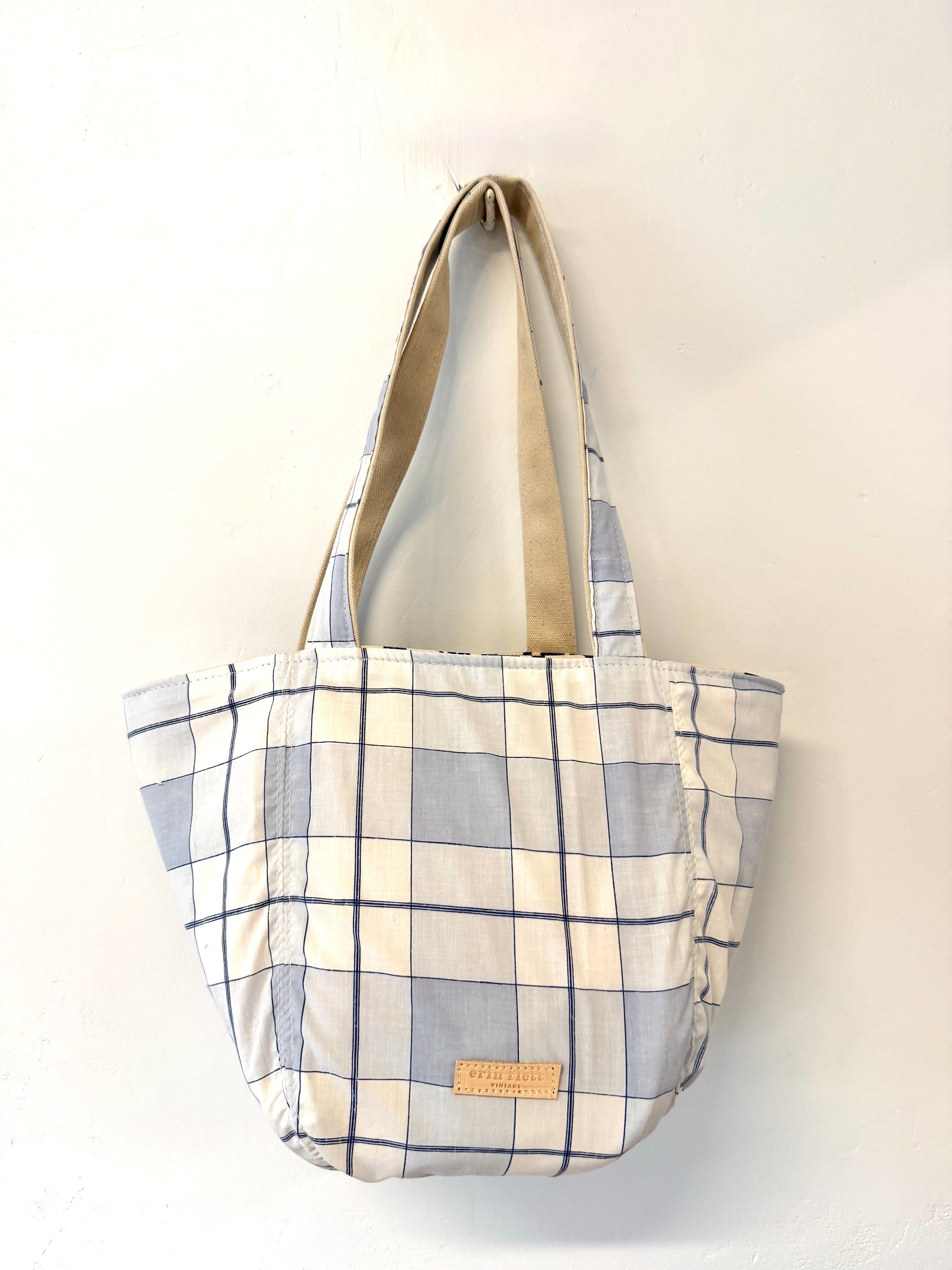 Vintage SMALL Boho Bag - Preppy Navy + Pale Blue Plaid + Erin Print Inside