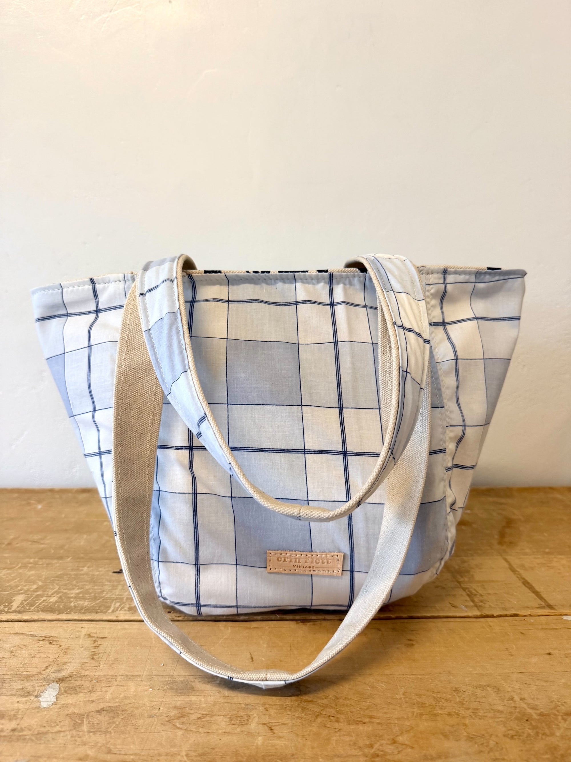 Vintage SMALL Boho Bag - Preppy Navy + Pale Blue Plaid + Erin Print Inside
