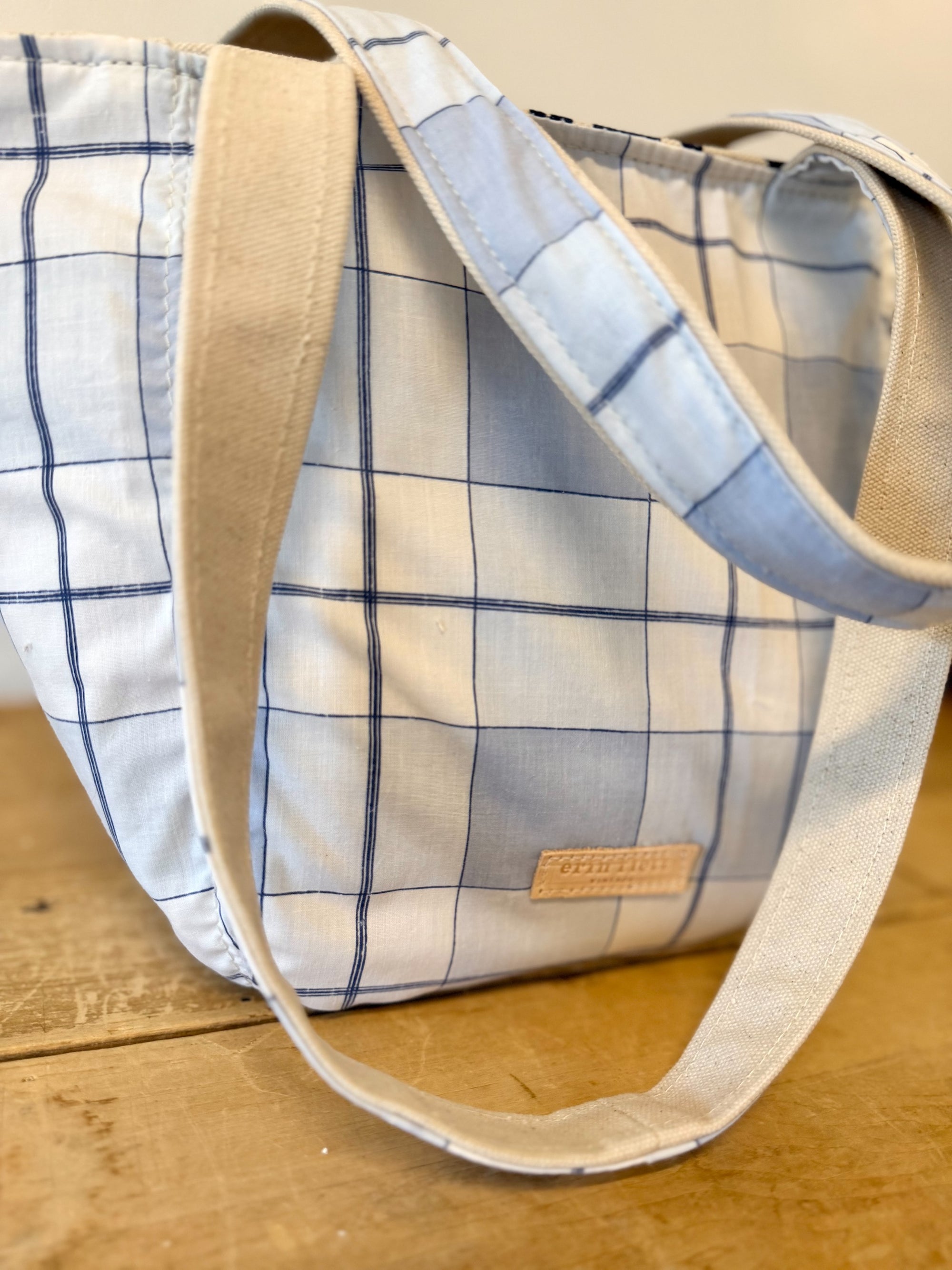 Vintage SMALL Boho Bag - Preppy Navy + Pale Blue Plaid + Erin Print Inside