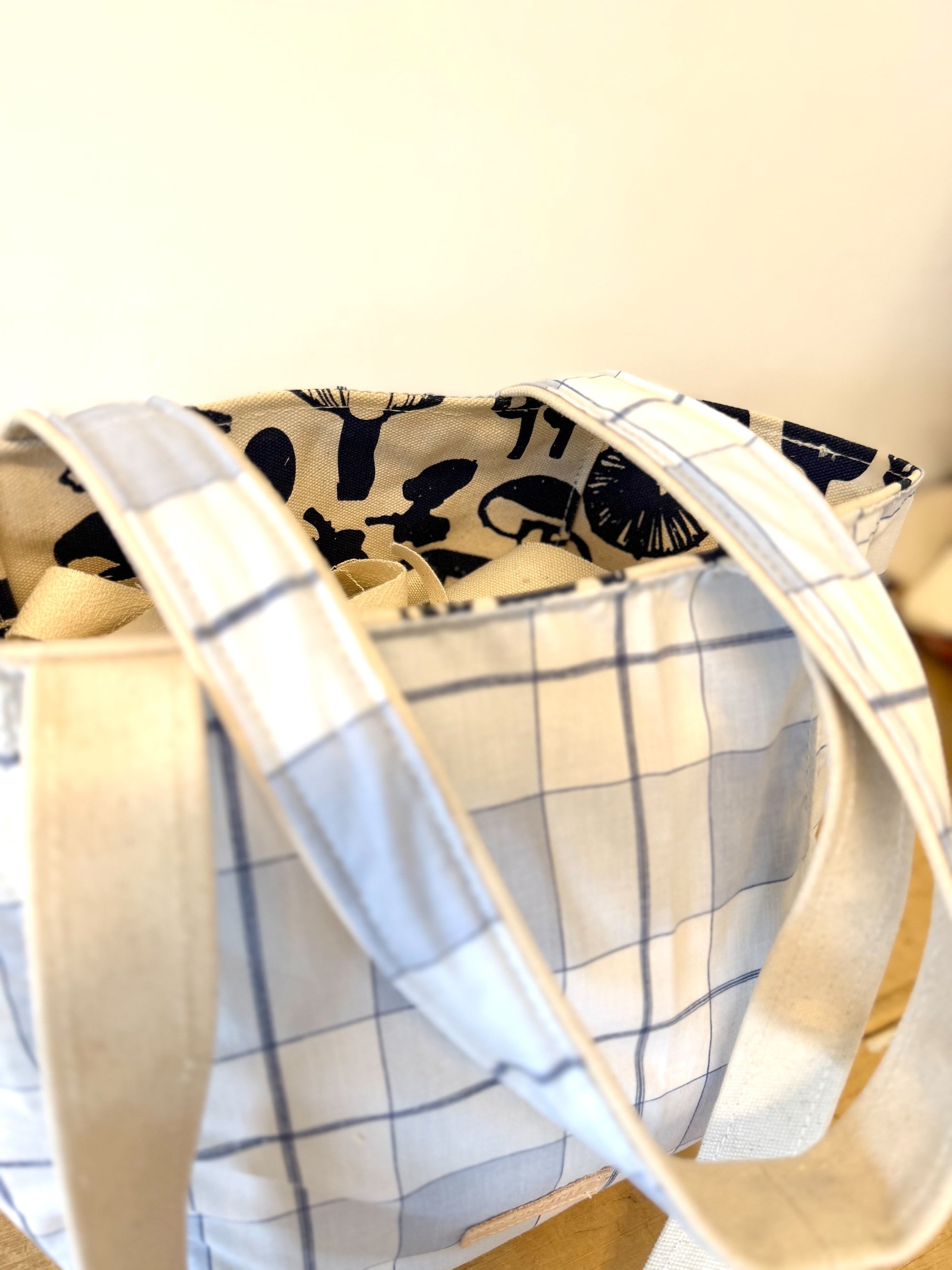 Vintage SMALL Boho Bag - Preppy Navy + Pale Blue Plaid + Erin Print Inside