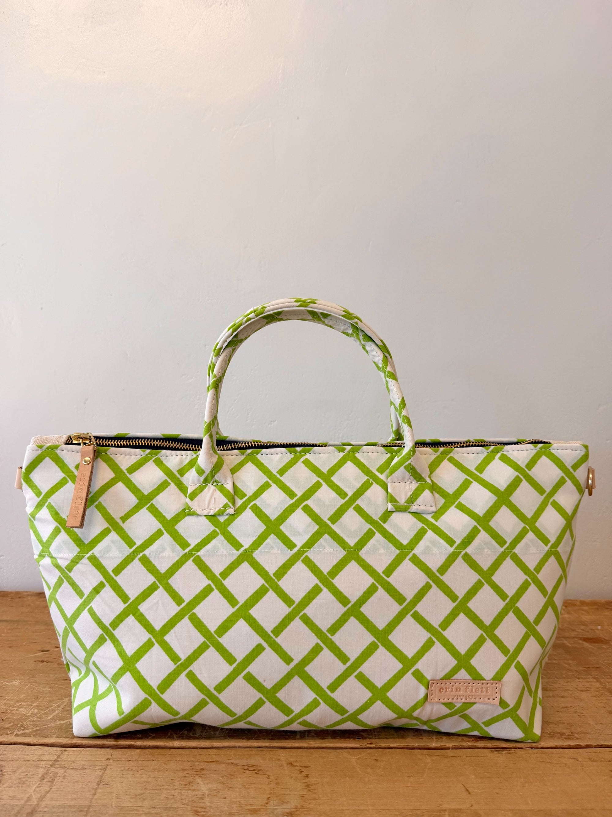 Vintage Satchel Bag - Large - Mid Century Geo Trellis Chartreuse Green + Erin Print Inside